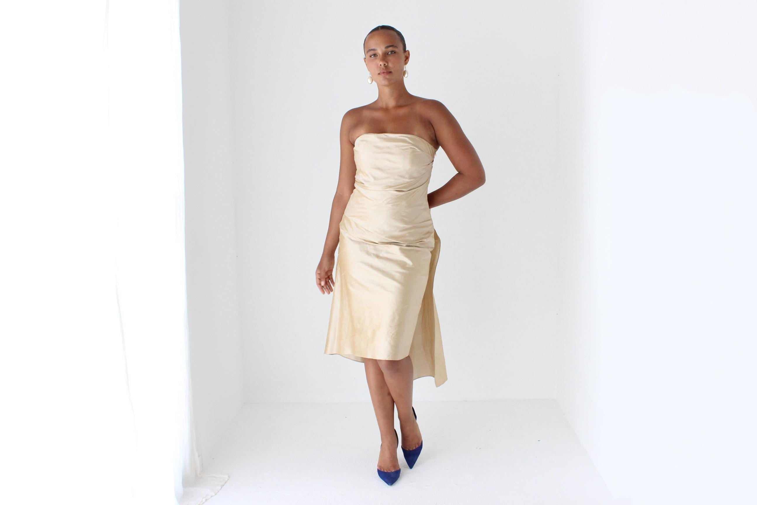 90s George Raw Silk Strapless Cocktail Dress w/ 'Train'
