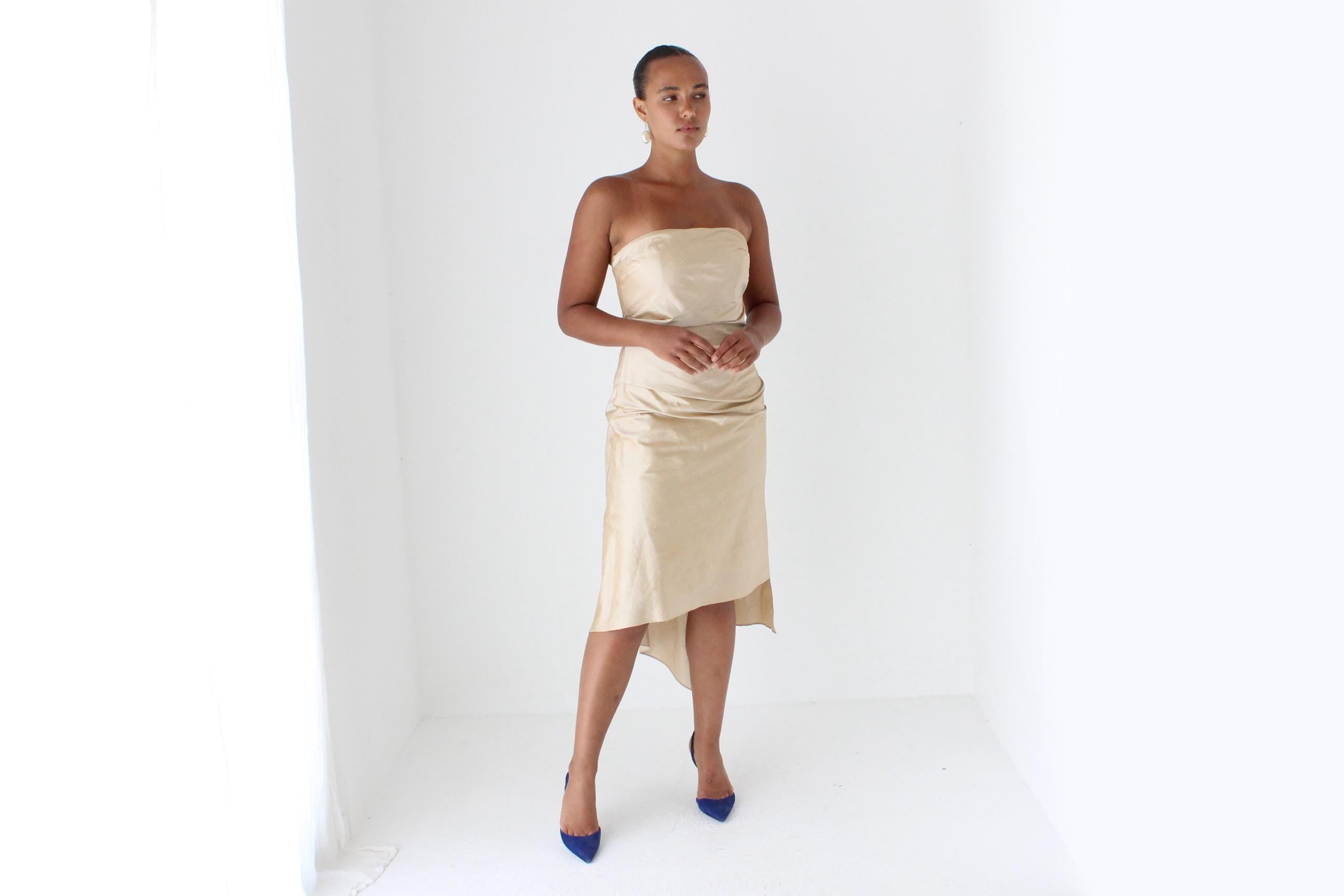 90s George Raw Silk Strapless Cocktail Dress w/ 'Train'
