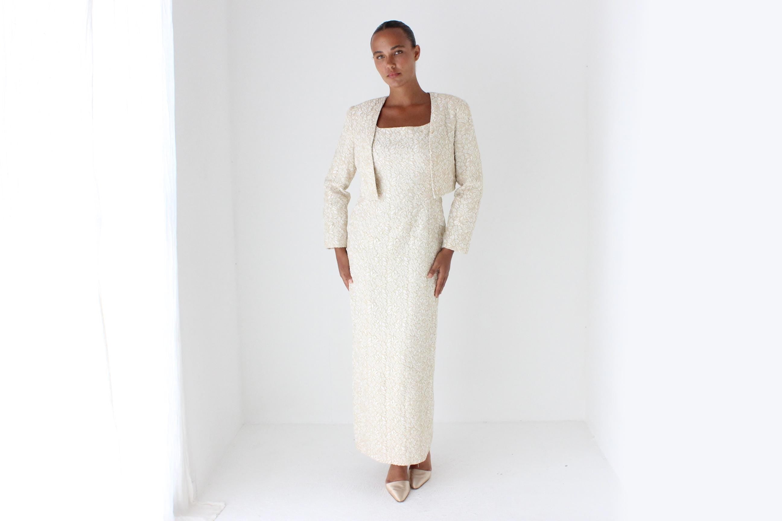 90s Carmen Marc Valvo Pastel Beaded Cocktail Gown w/ Matching Jacket
