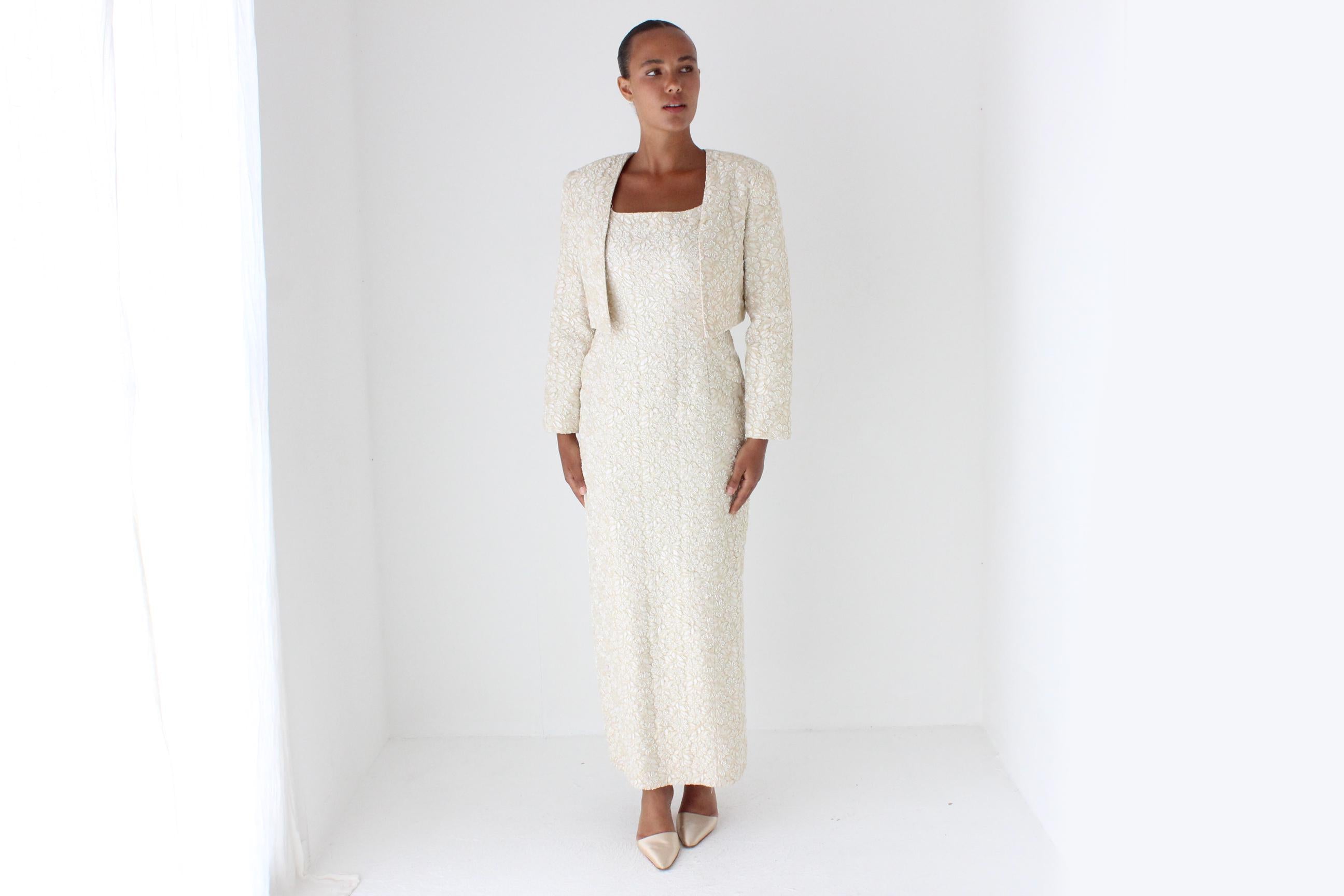 90s Carmen Marc Valvo Pastel Beaded Cocktail Gown w/ Matching Jacket