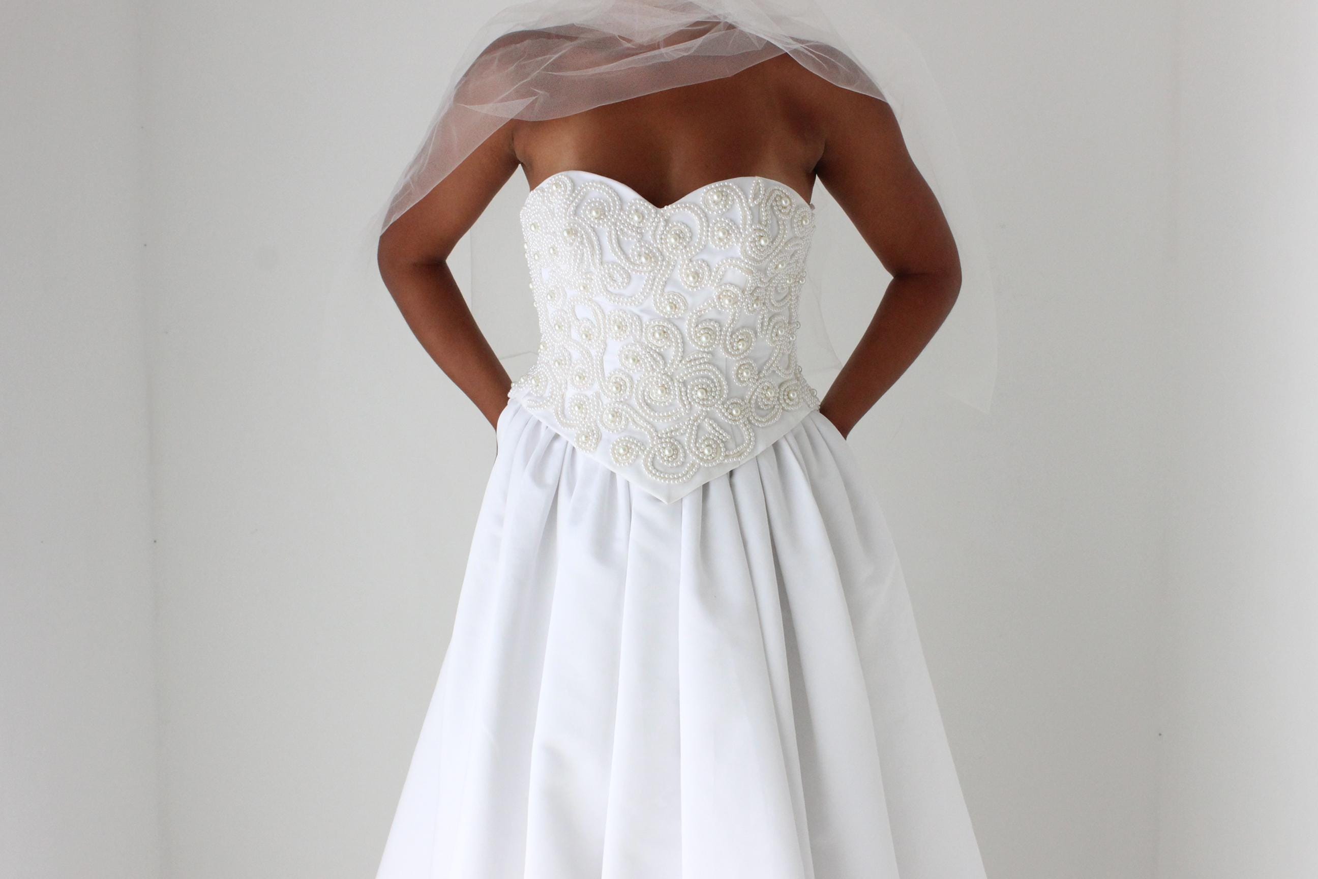 1990s White Satin Two Piece w/ Pearl Corset & Full Skirt