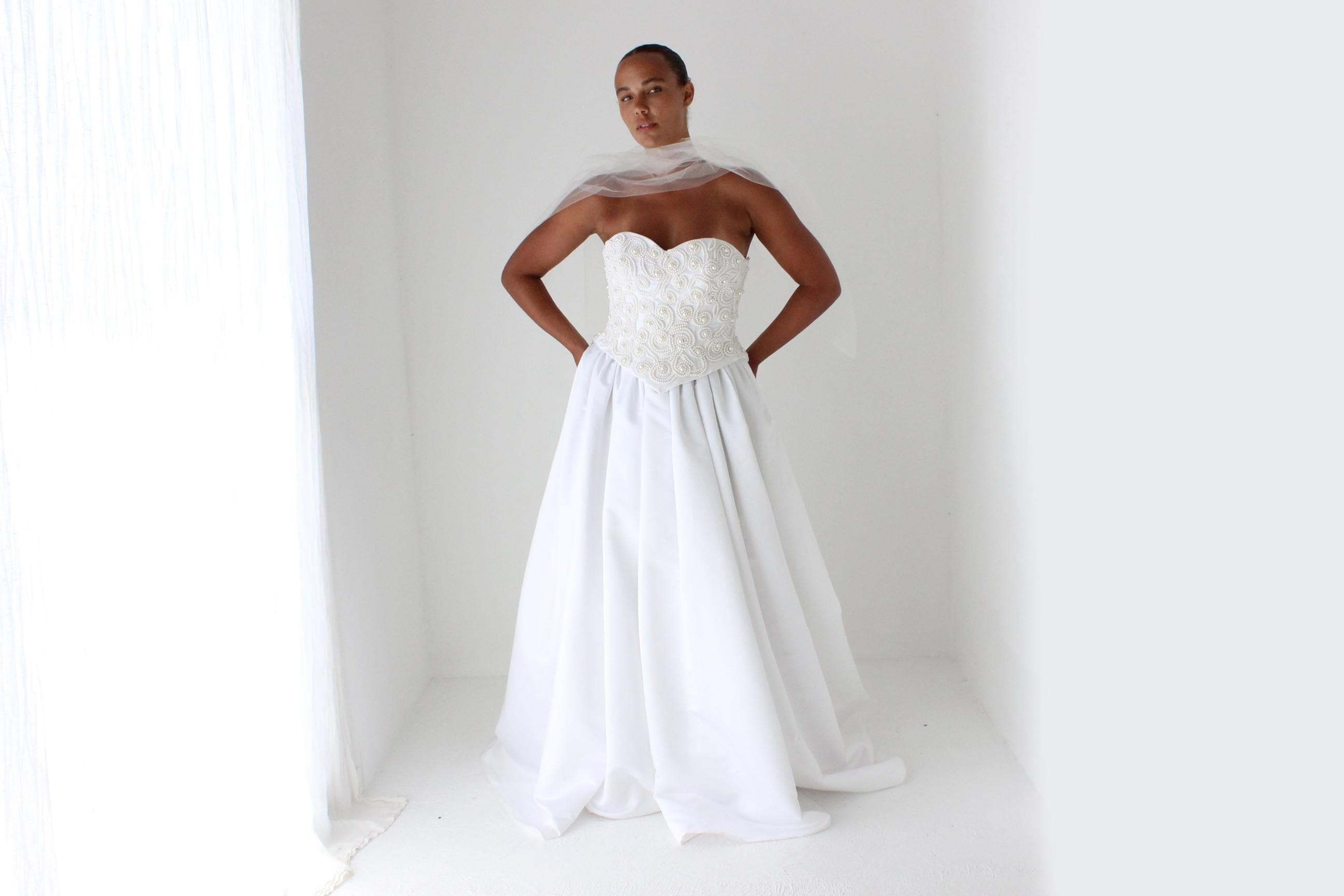 1990s White Satin Two Piece w/ Pearl Corset & Full Skirt