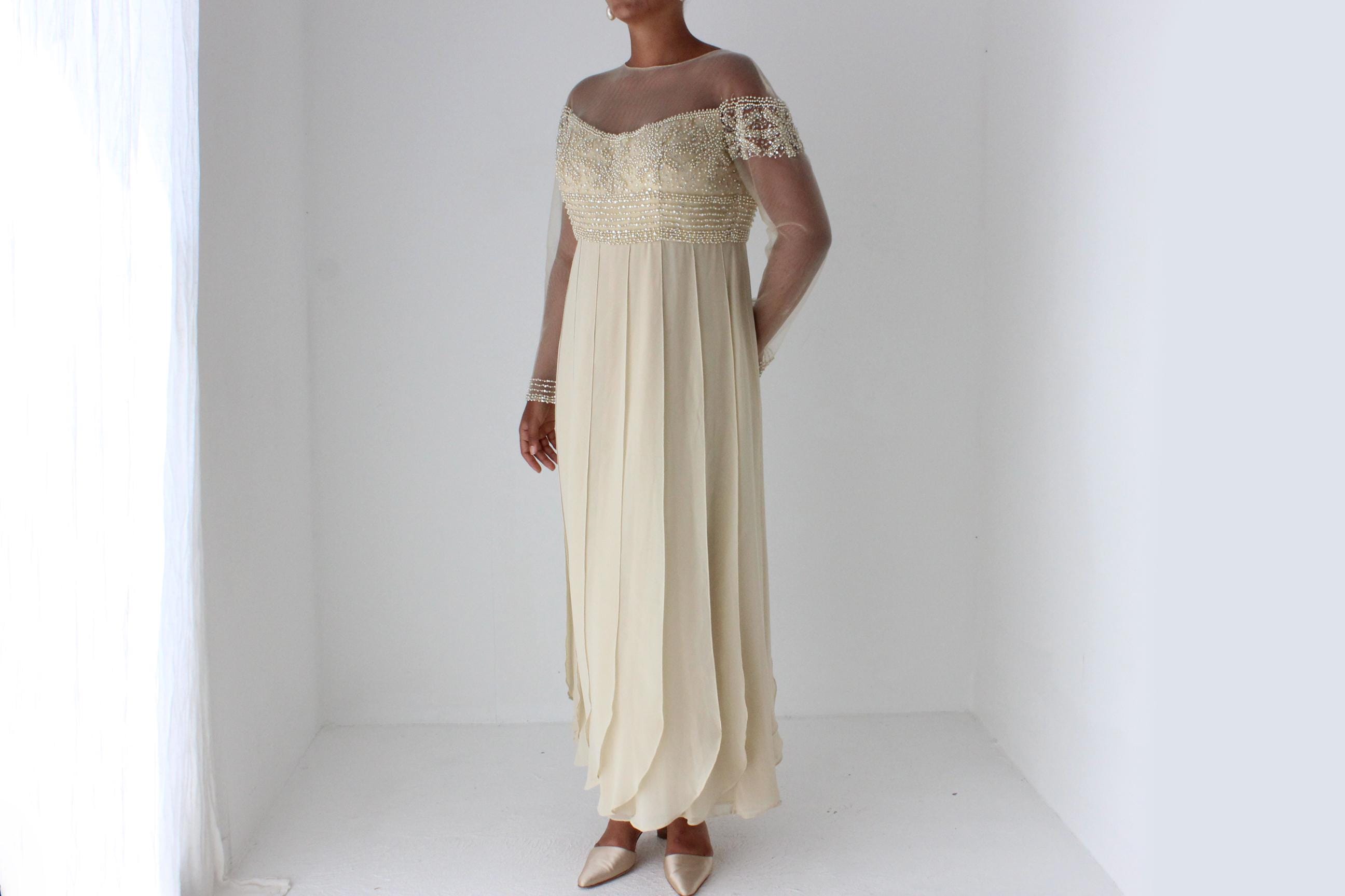 Terani Couture Beaded Mesh Gown w/ Panelled Skirt