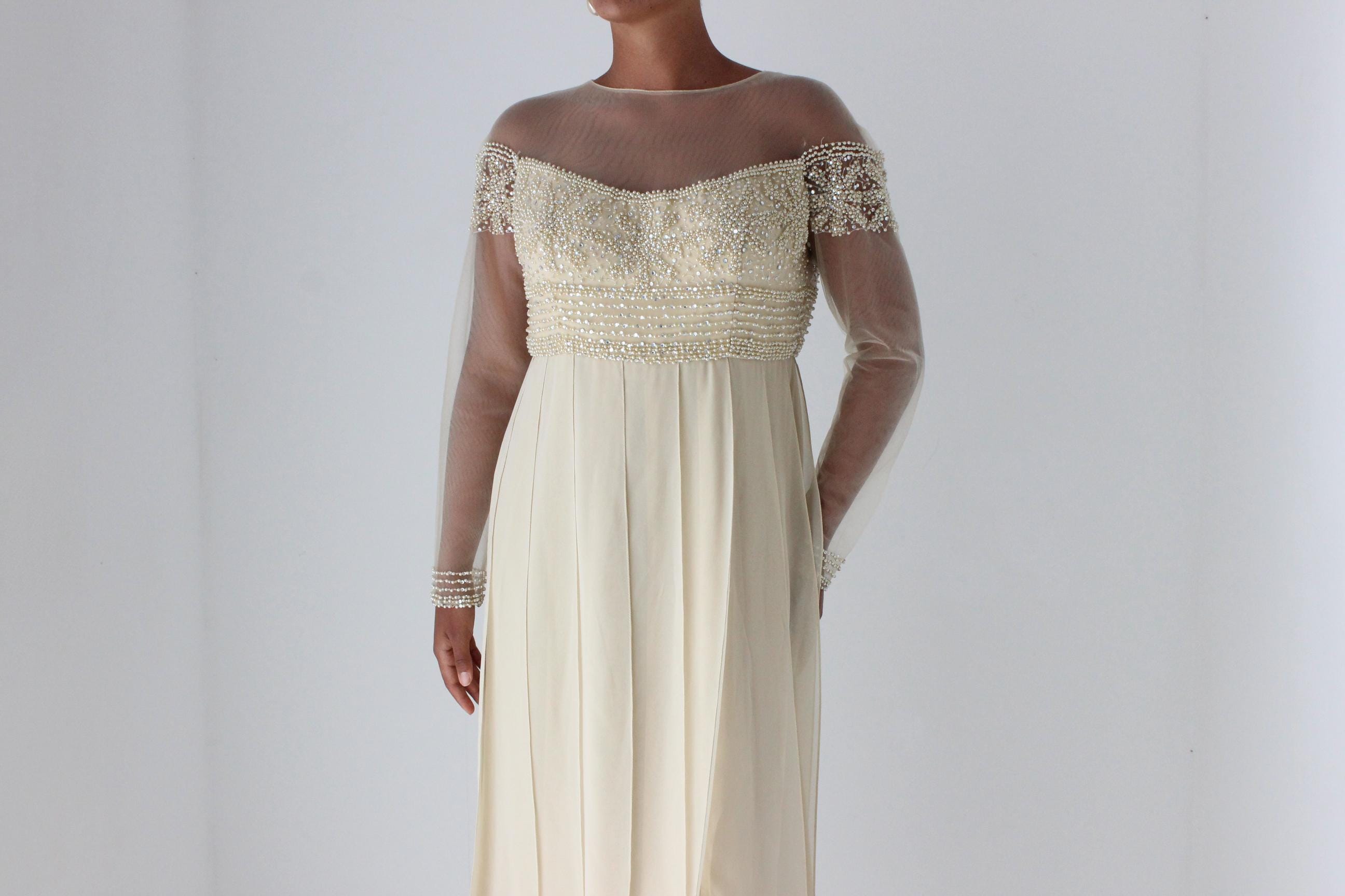 Terani Couture Beaded Mesh Gown w/ Panelled Skirt