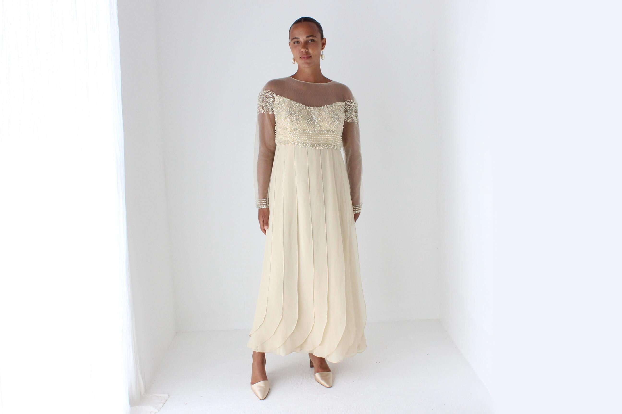 Terani Couture Beaded Mesh Gown w/ Panelled Skirt