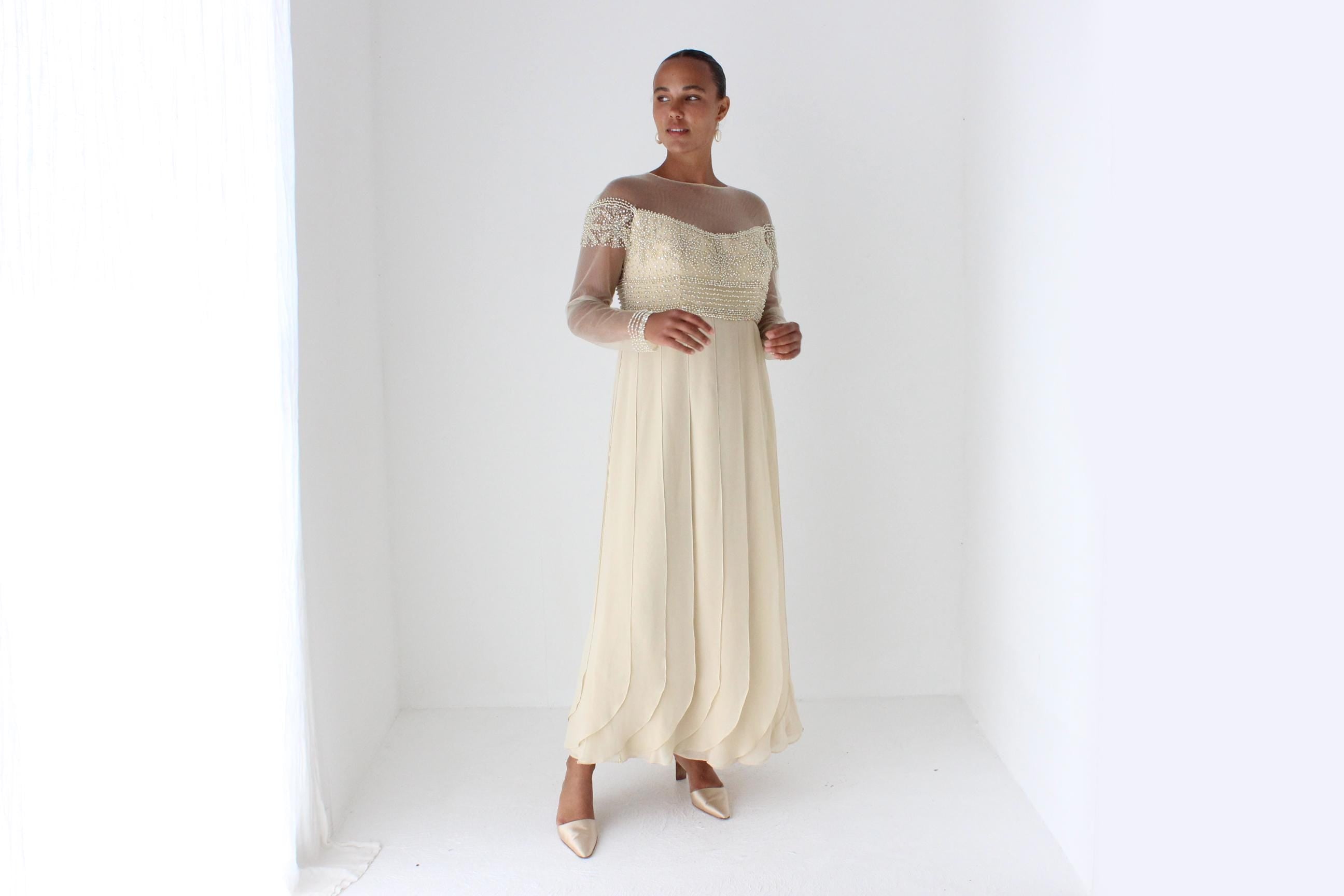 Terani Couture Beaded Mesh Gown w/ Panelled Skirt