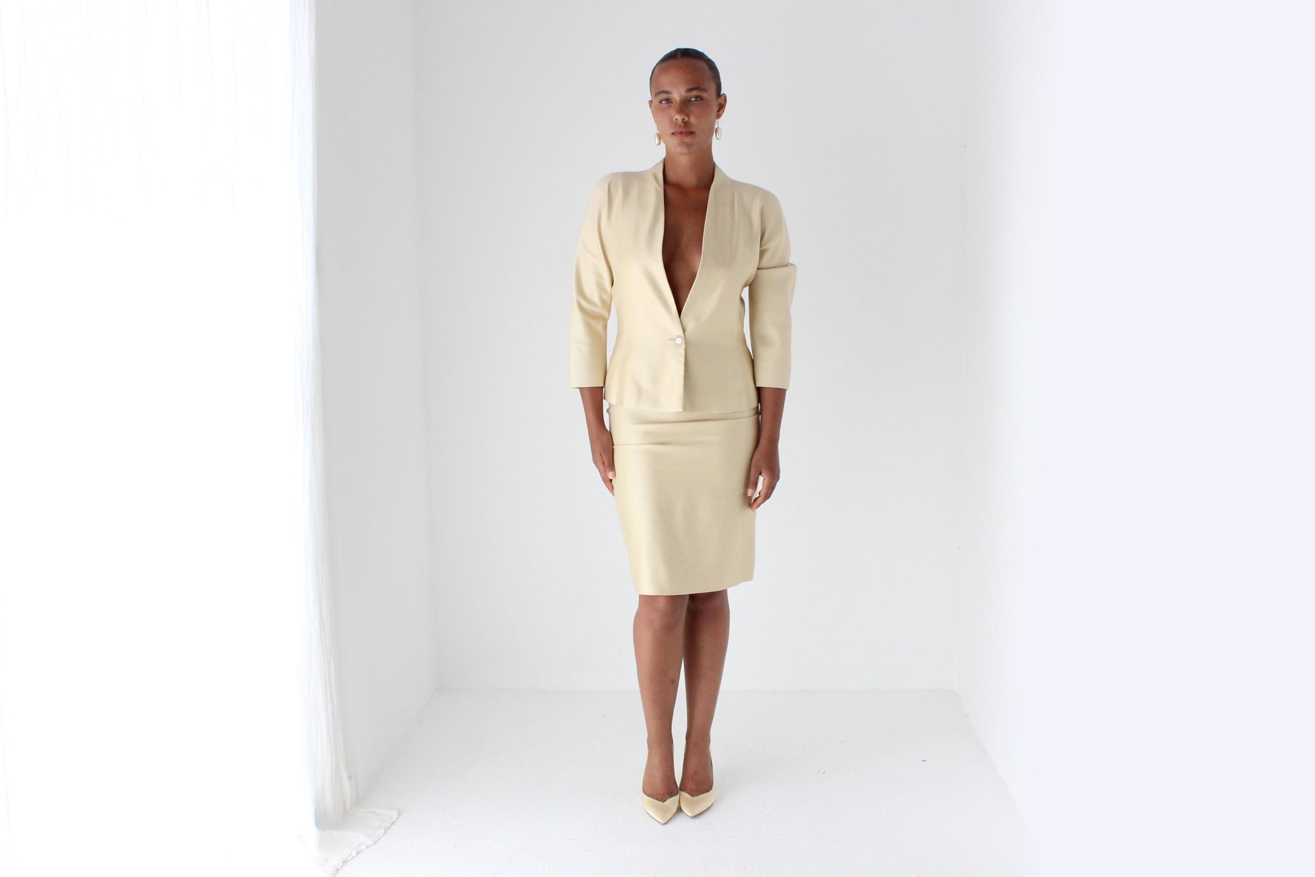 80s Emanuel Ungaro Golden Silk Plunge Skirt Suit