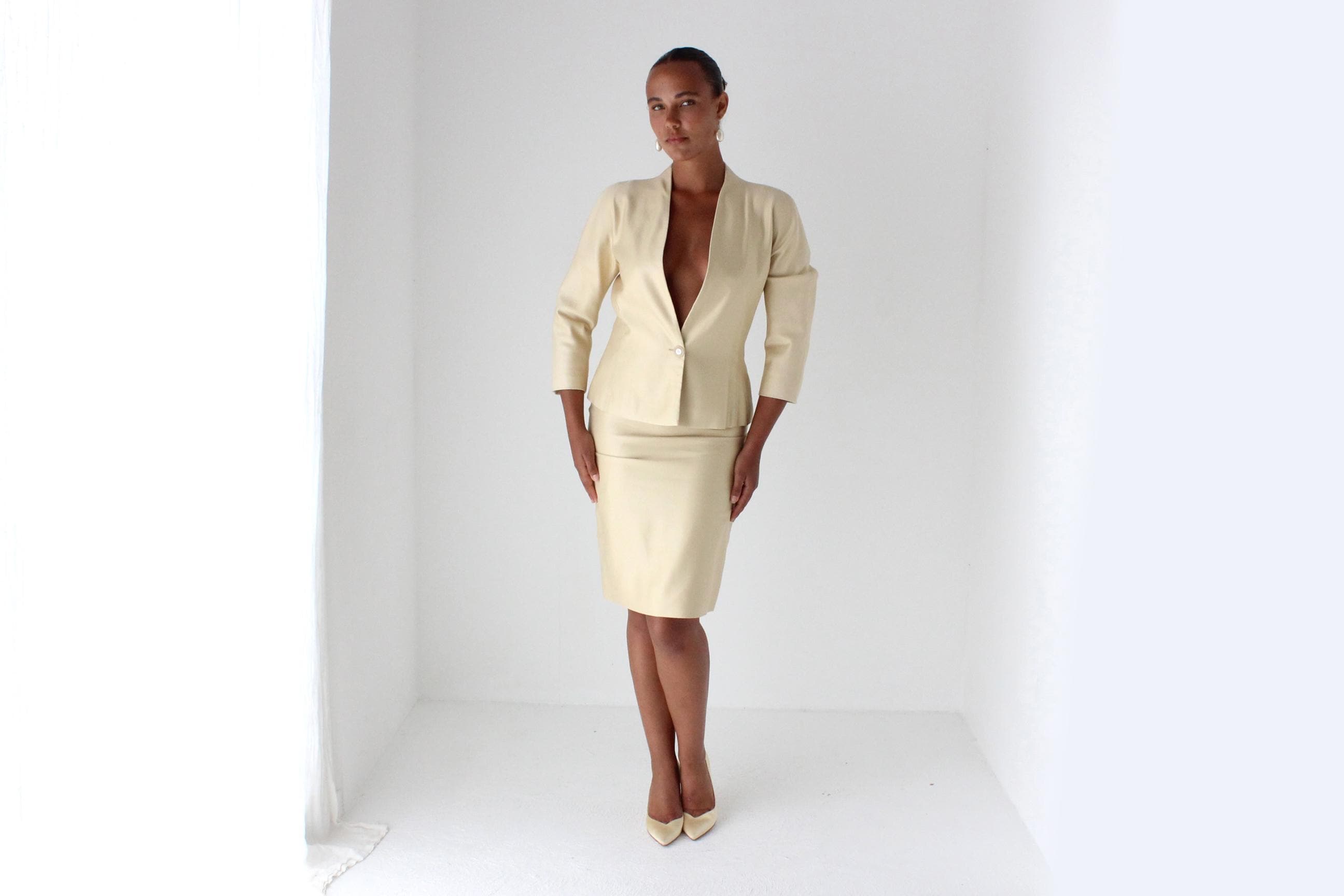 80s Emanuel Ungaro Golden Silk Plunge Skirt Suit