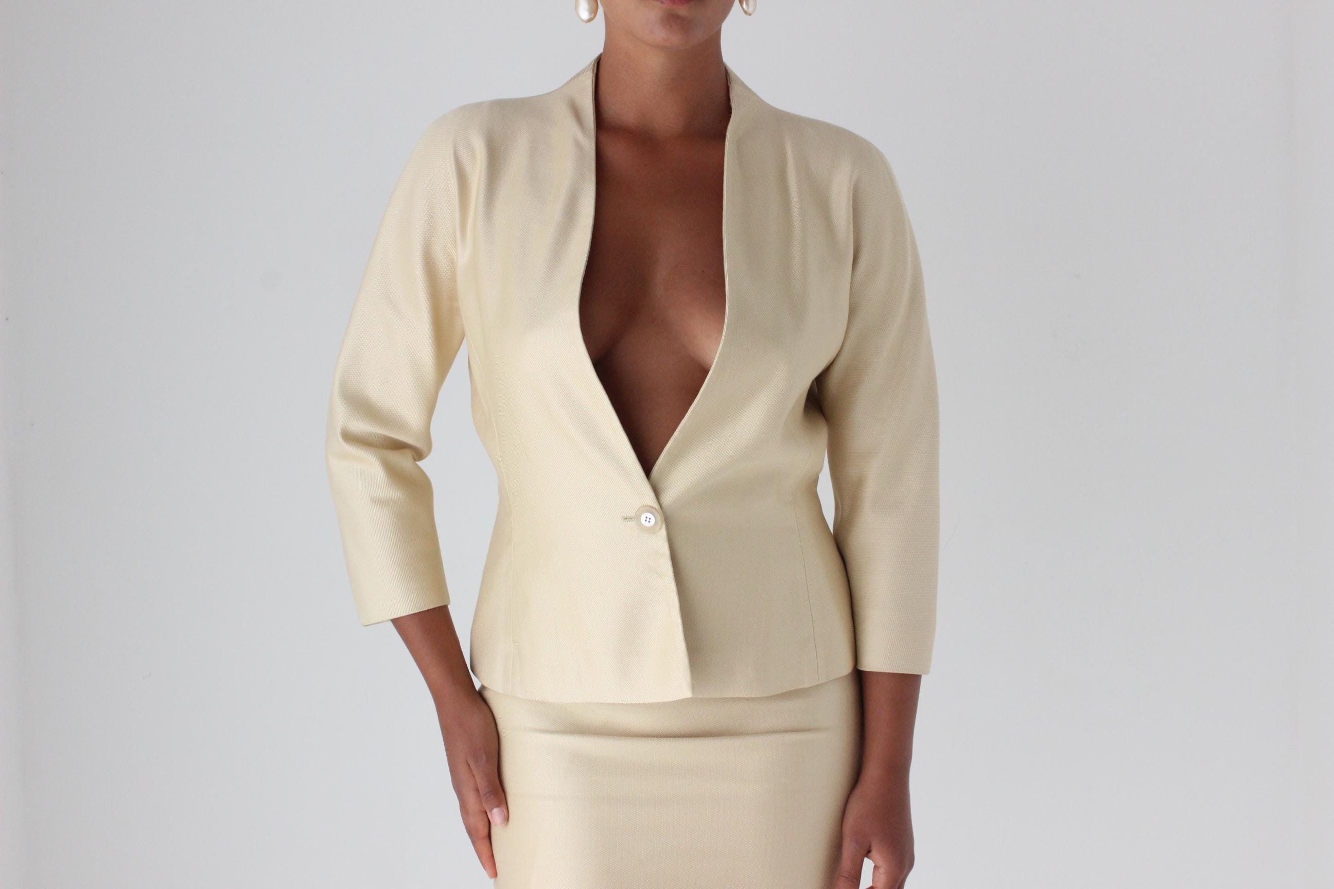 80s Emanuel Ungaro Golden Silk Plunge Skirt Suit