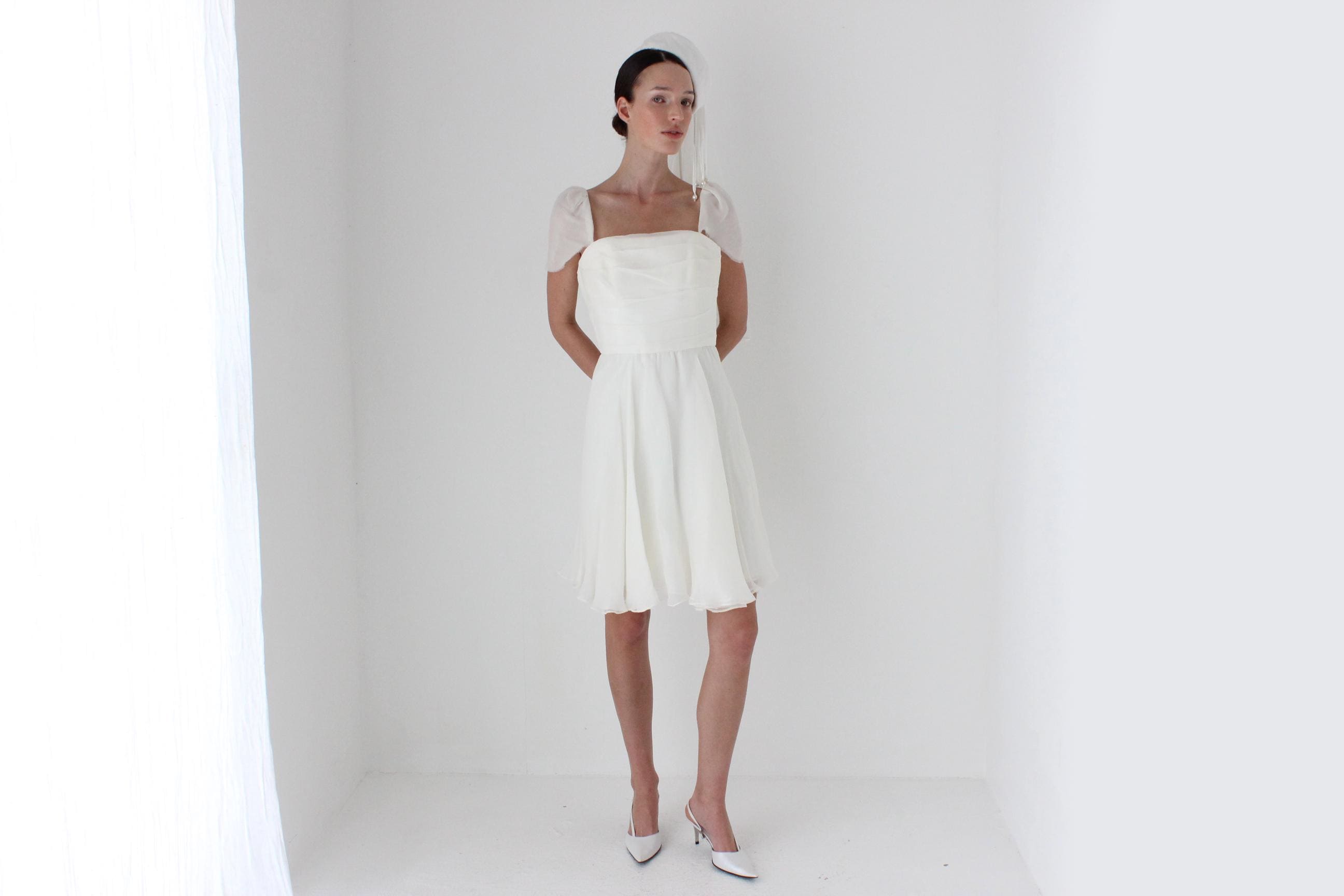 2000s AMSALE Crinkle Silk Georgette Flutter Sleeve Mini