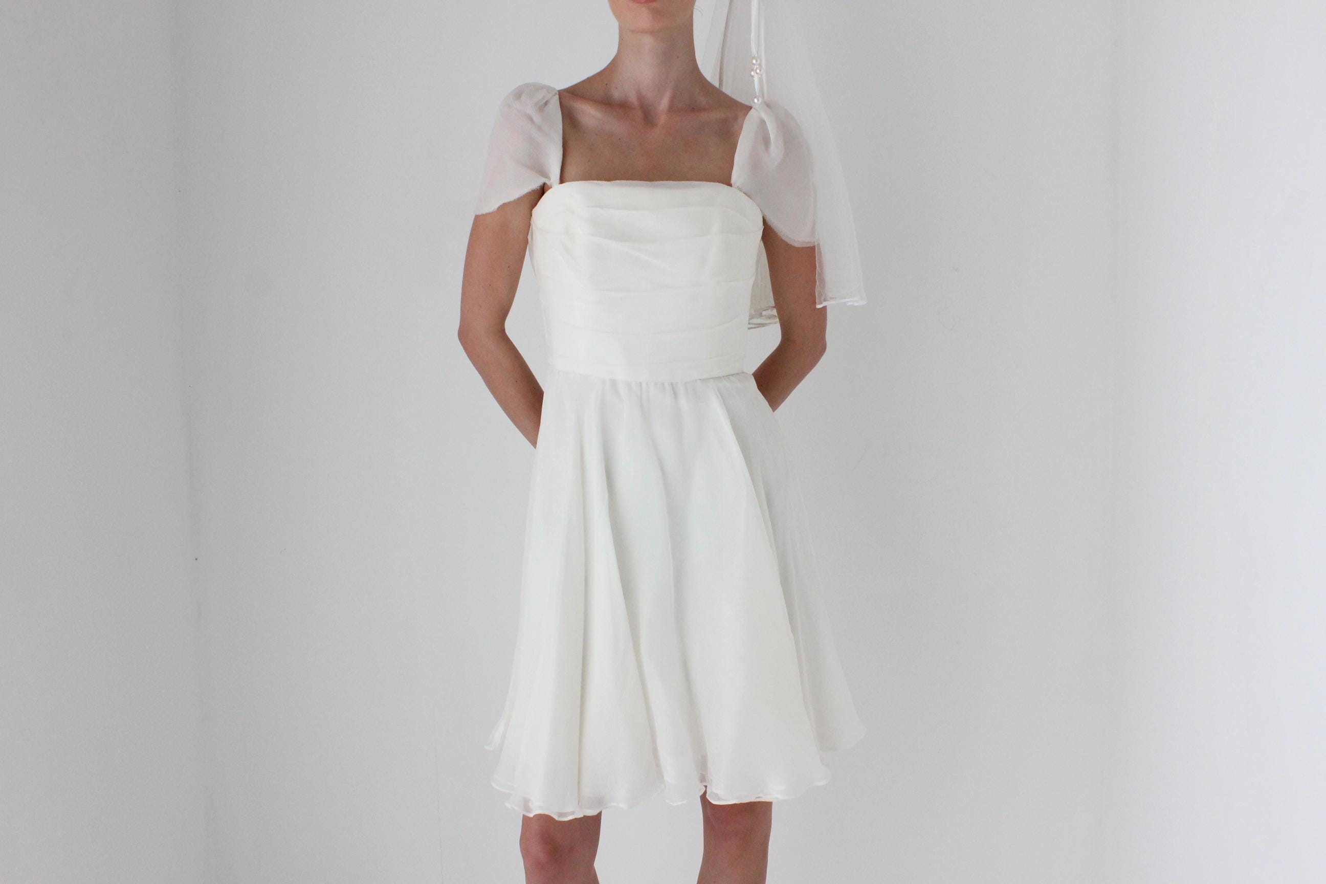 2000s AMSALE Crinkle Silk Georgette Flutter Sleeve Mini