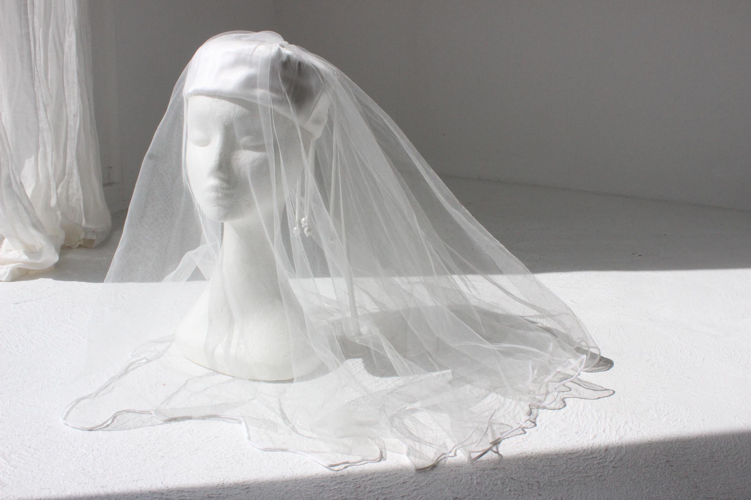 80s Satin Pillbox Bridal Hat w/ Veil
