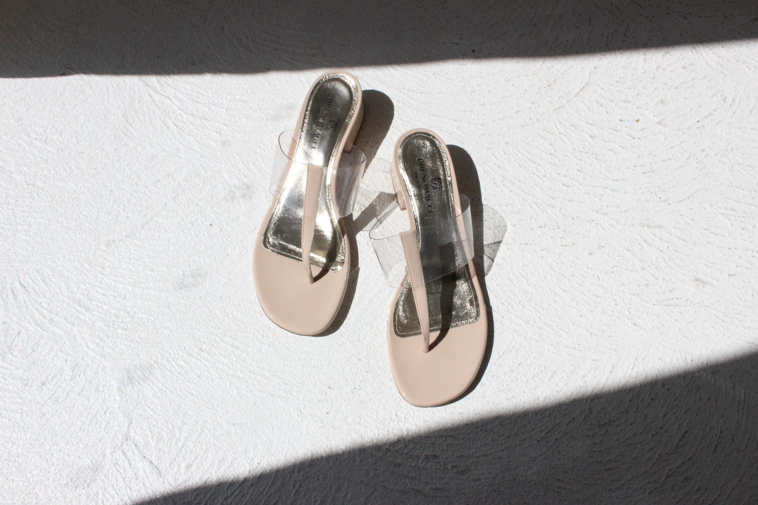 2000s Bruno Magli Neutral Leather T Bar Transparent Sandals - Euro 39