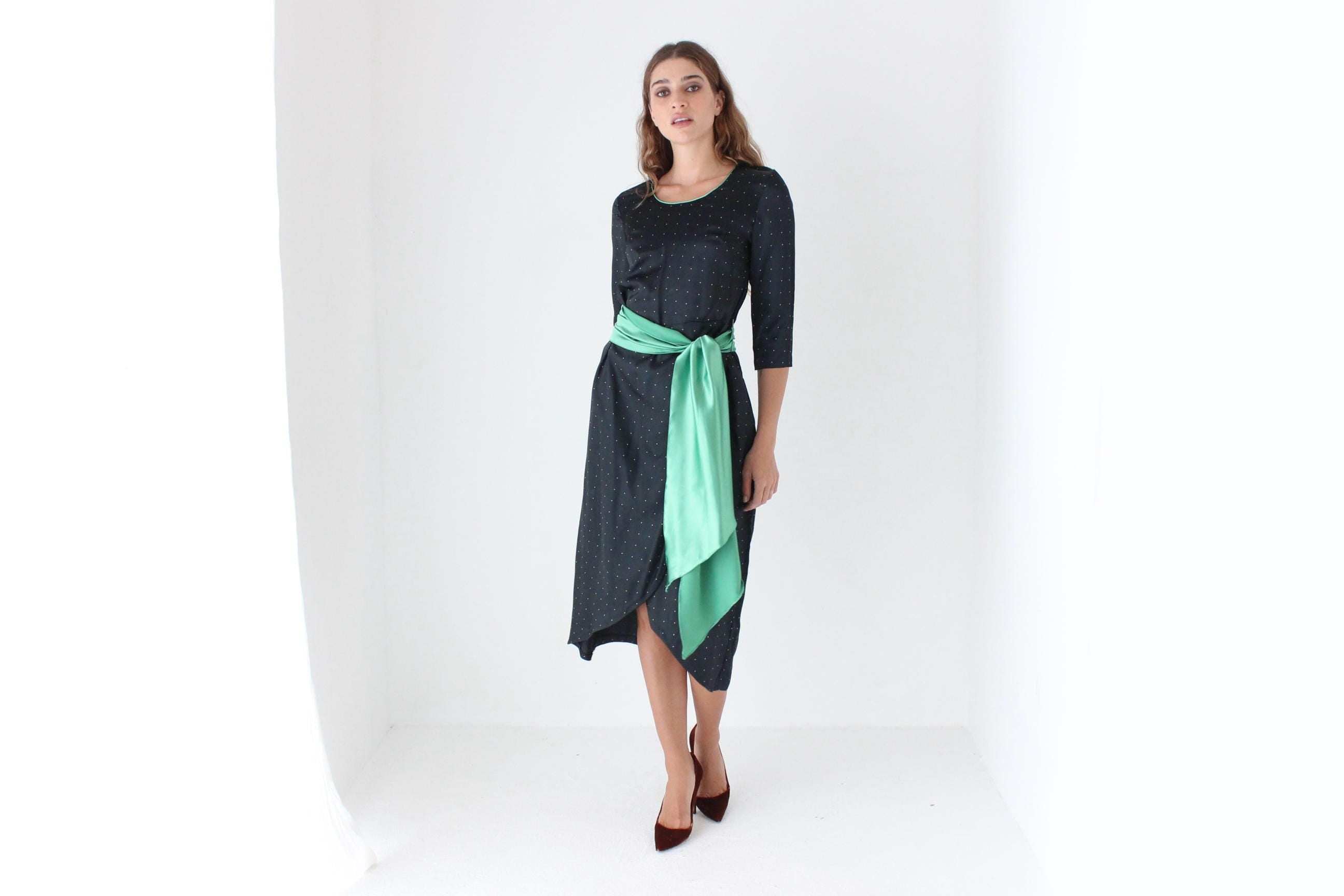 70s Polka Dot Satin Dress w/ Green Sash