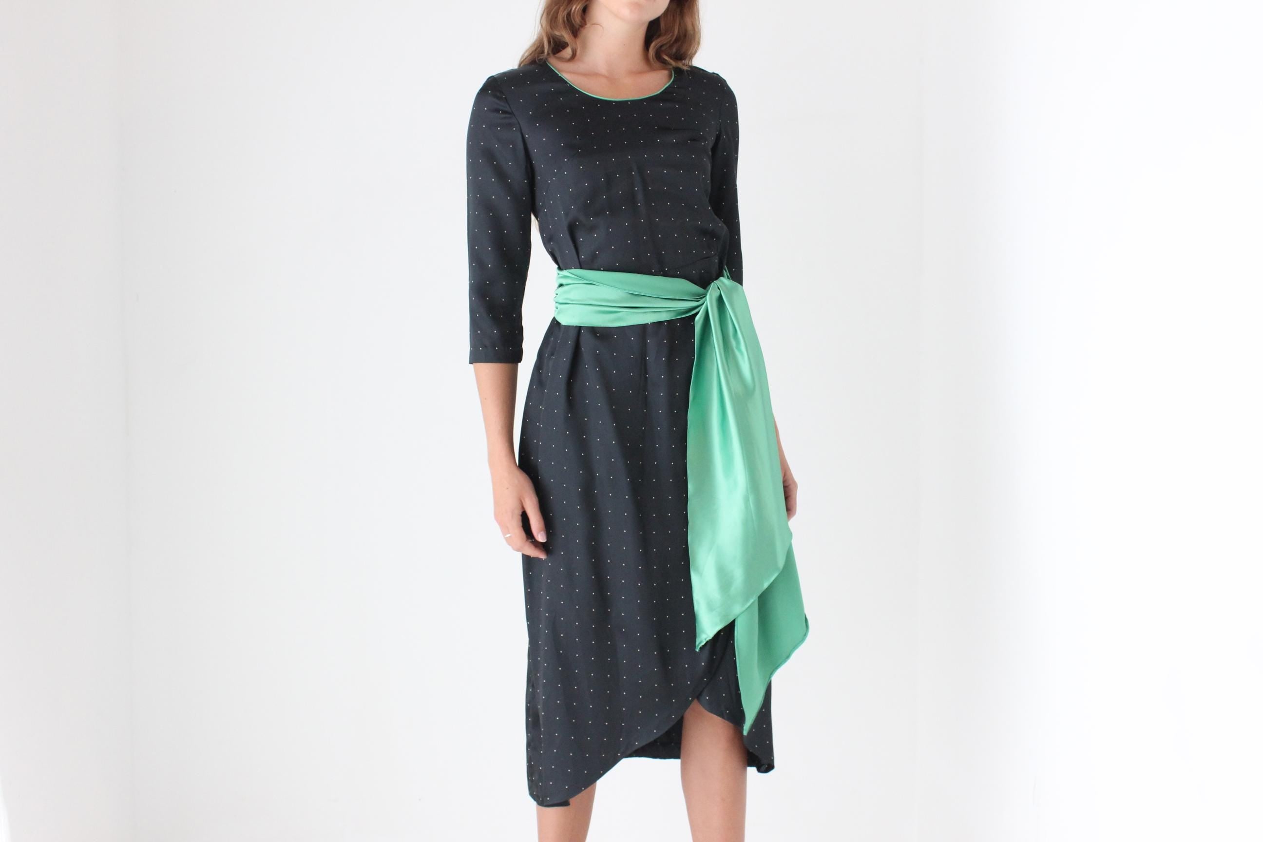 70s Polka Dot Satin Dress w/ Green Sash