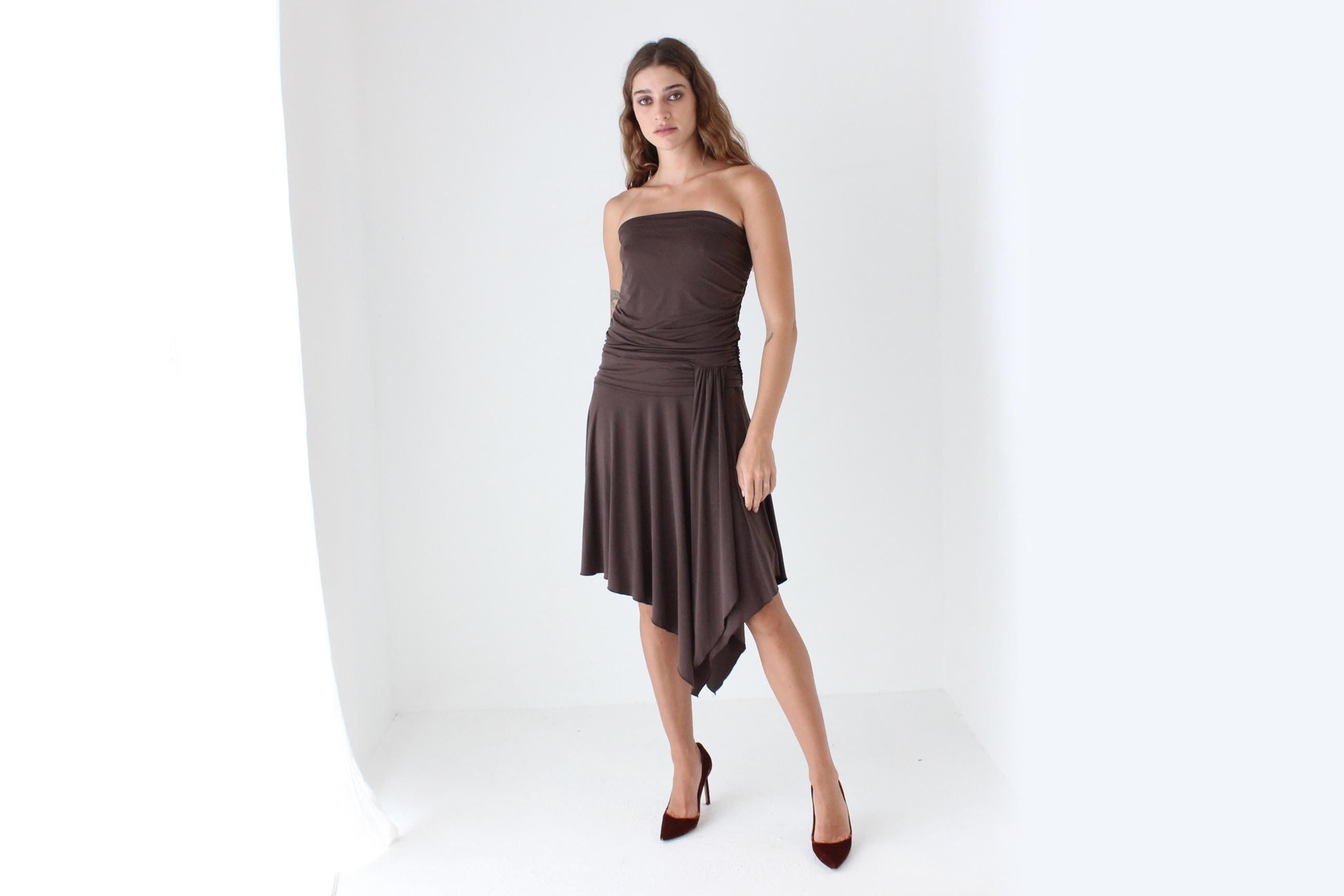 Y2K Slinky Strapless Handkerchief Hem Dress