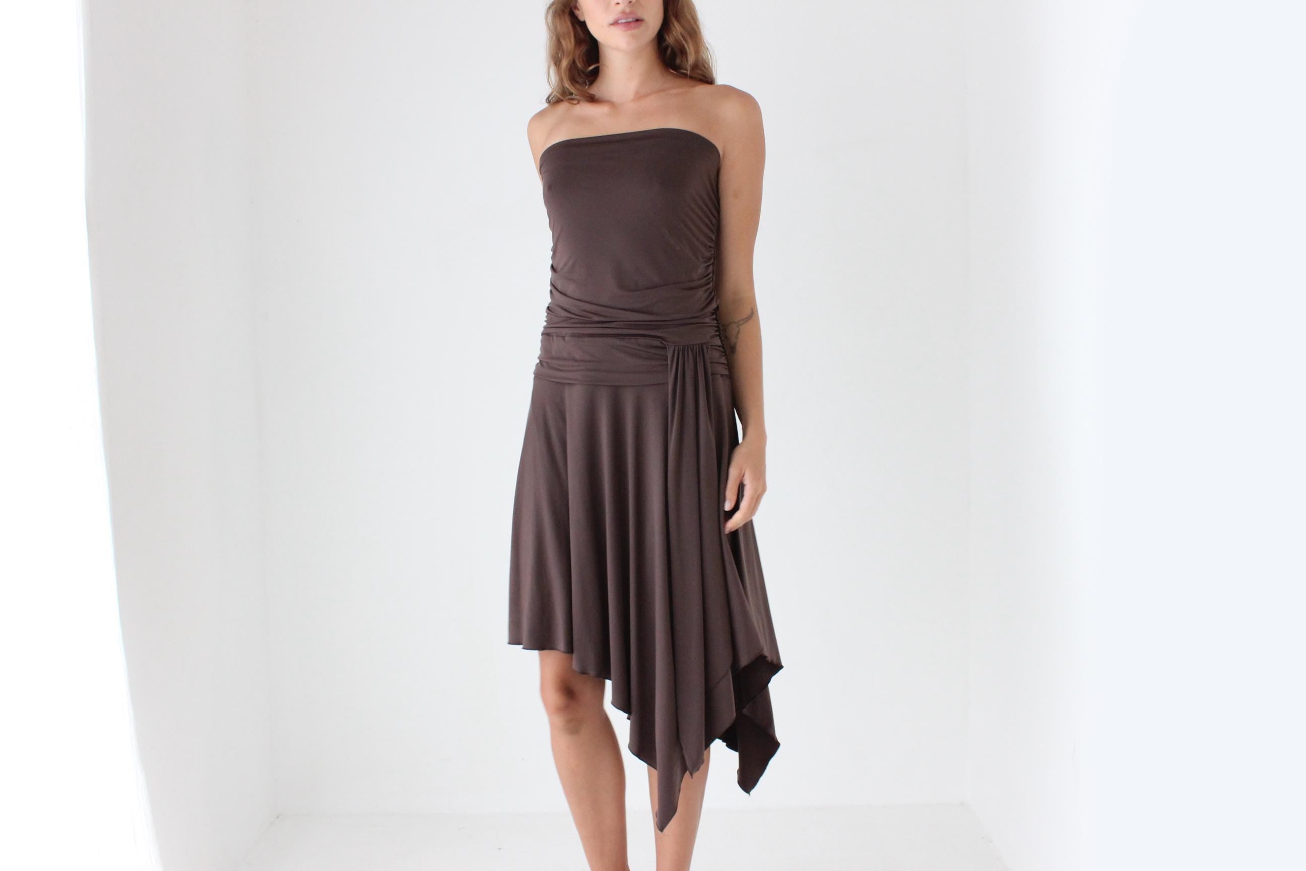 Y2K Slinky Strapless Handkerchief Hem Dress