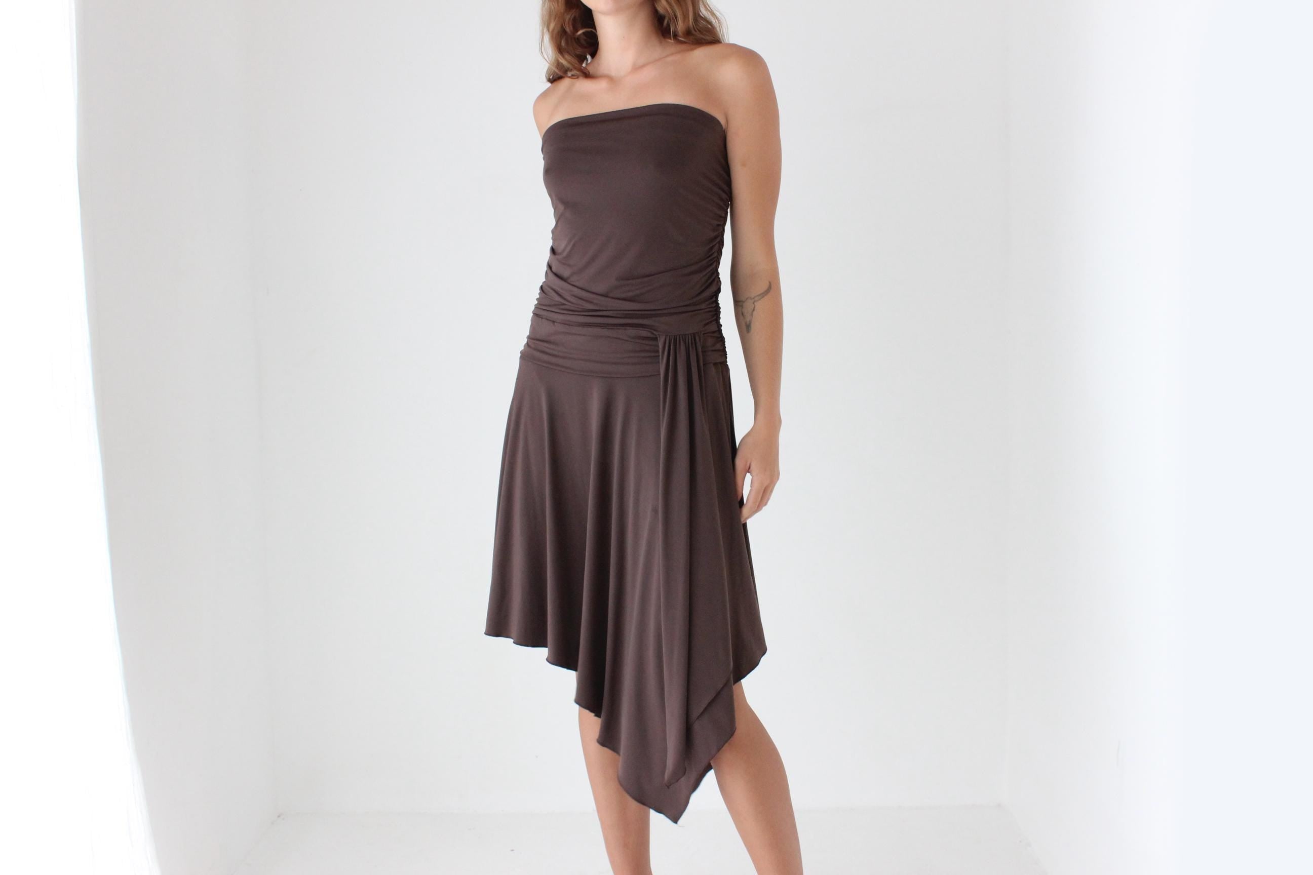 Y2K Slinky Strapless Handkerchief Hem Dress
