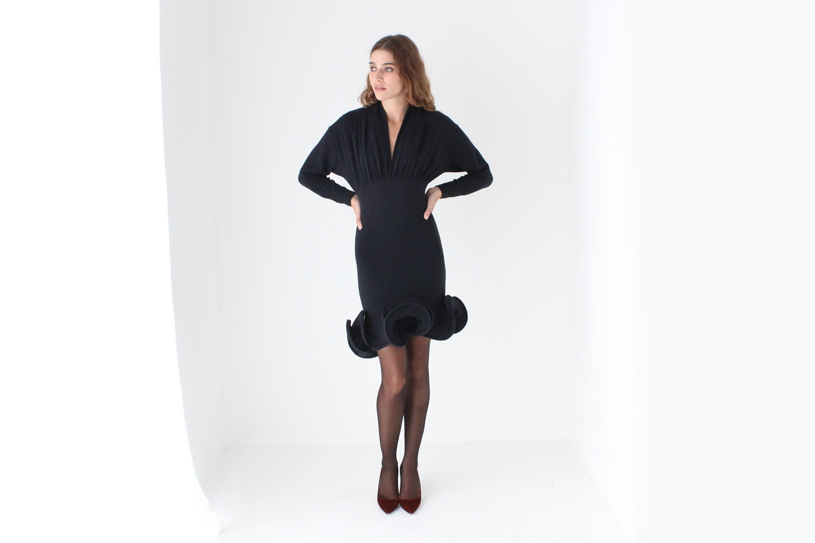 Iconic 80s Plunge Neck Mini w/ 3D Wired Ruffles
