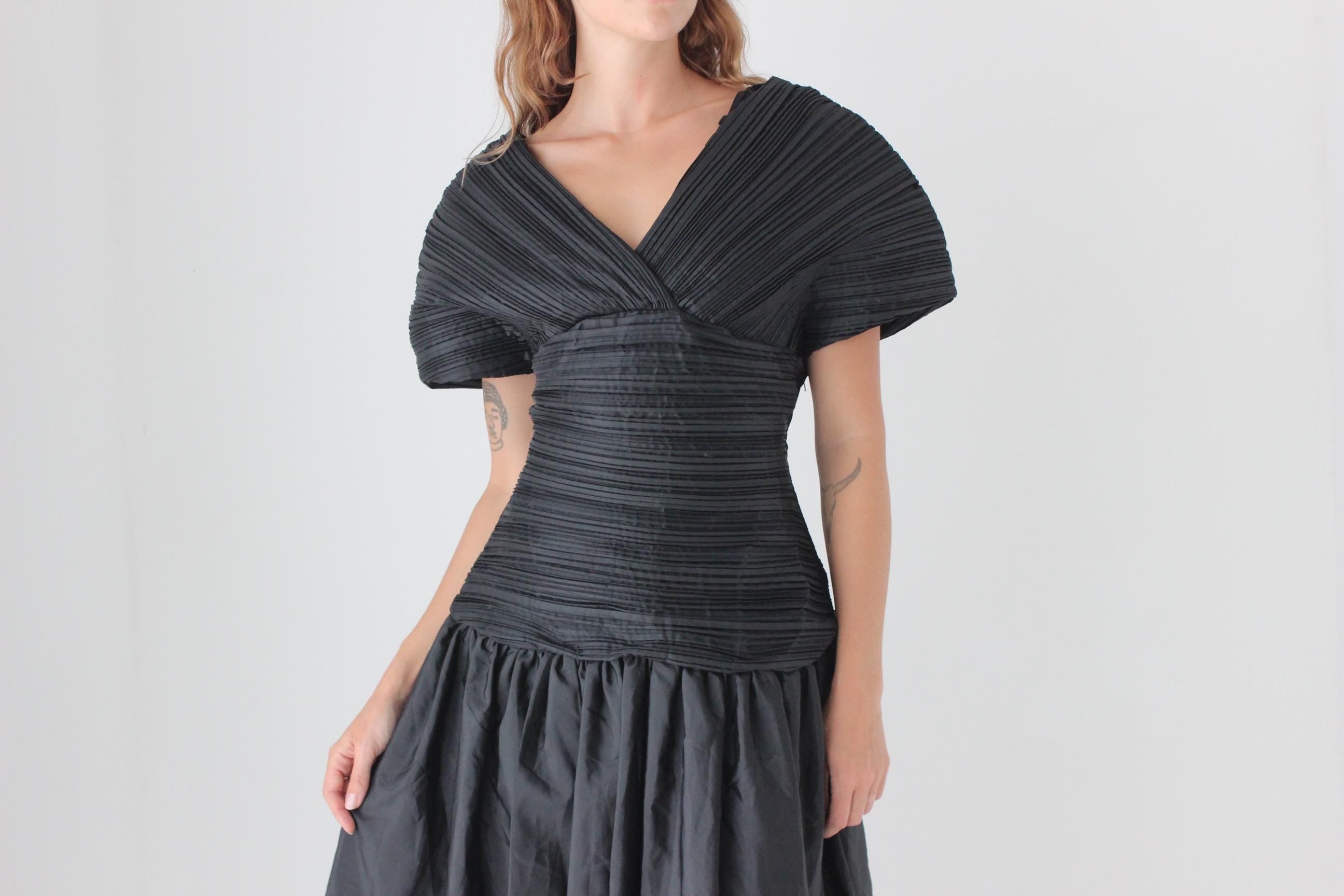 80s Lisa Ho Origami Plisse Taffeta Dress
