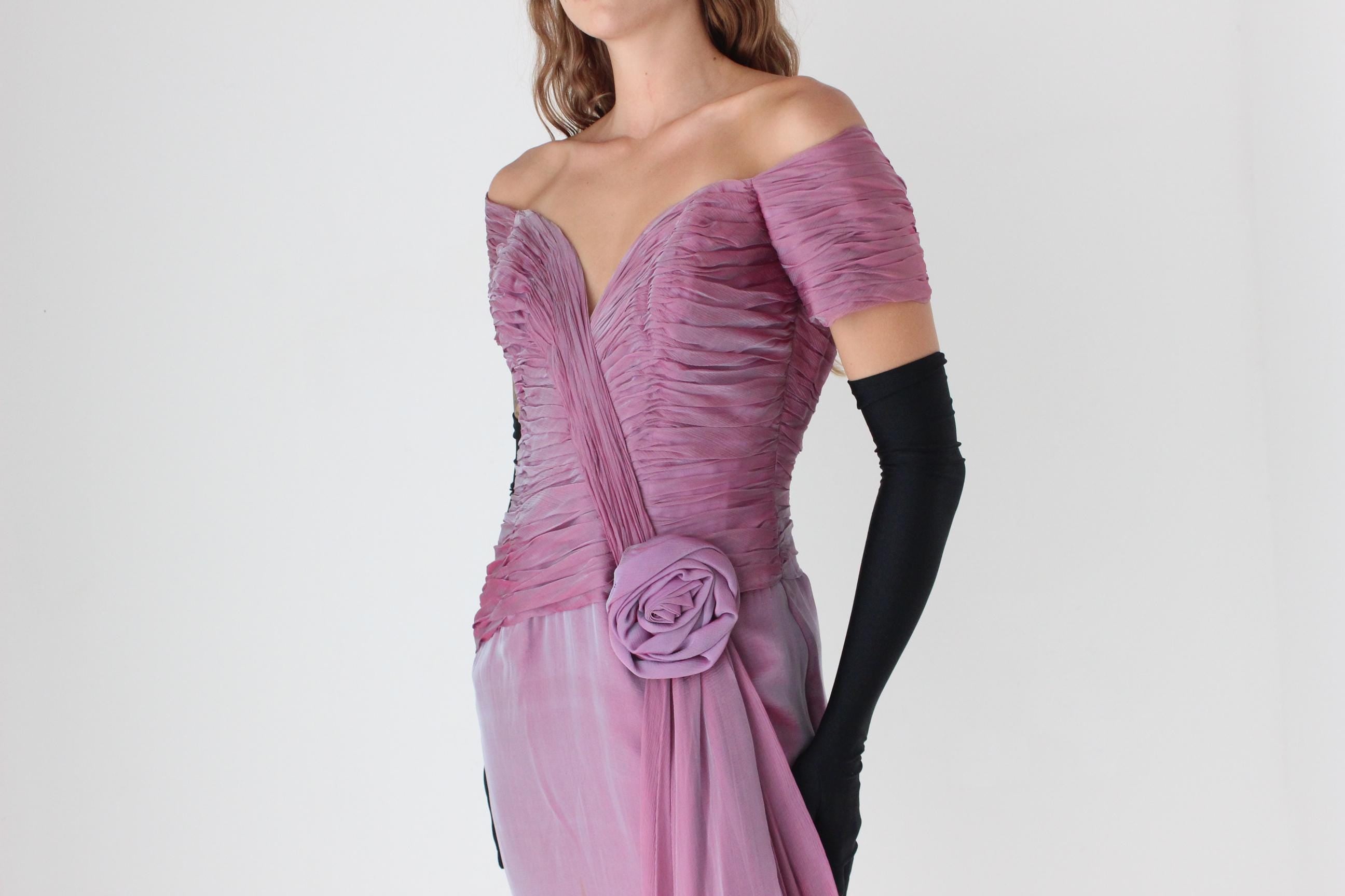 80s Vicky Tiel Couture Silk Gathered Off Shoulder Cocktail Mini Dress