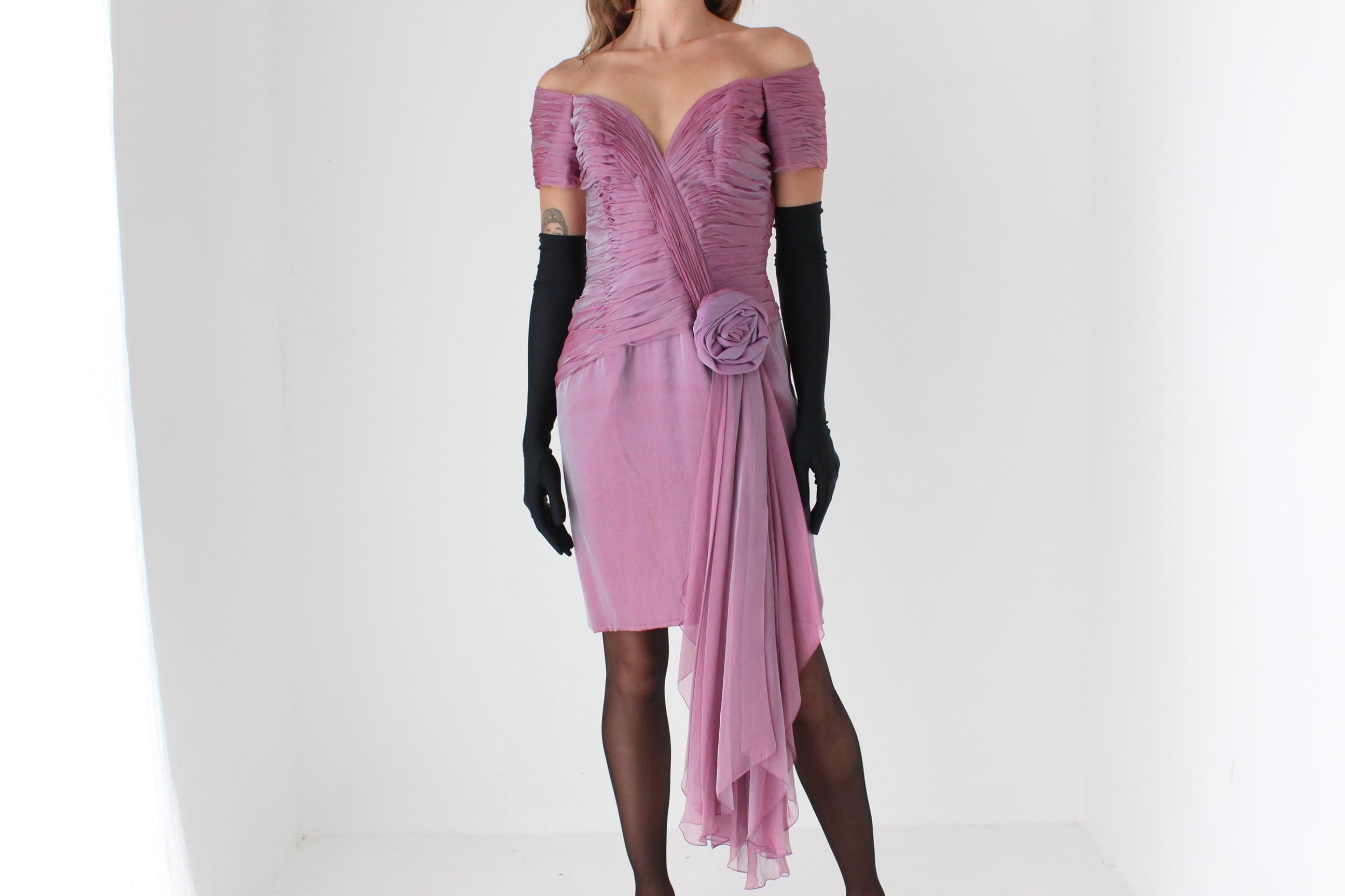 80s Vicky Tiel Couture Silk Gathered Off Shoulder Cocktail Mini Dress