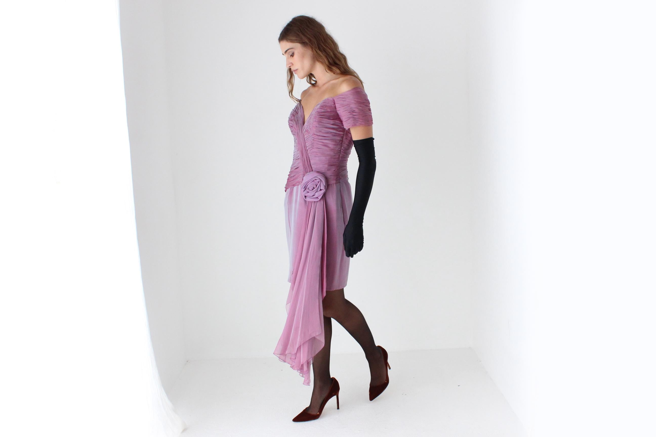 80s Vicky Tiel Couture Silk Gathered Off Shoulder Cocktail Mini Dress