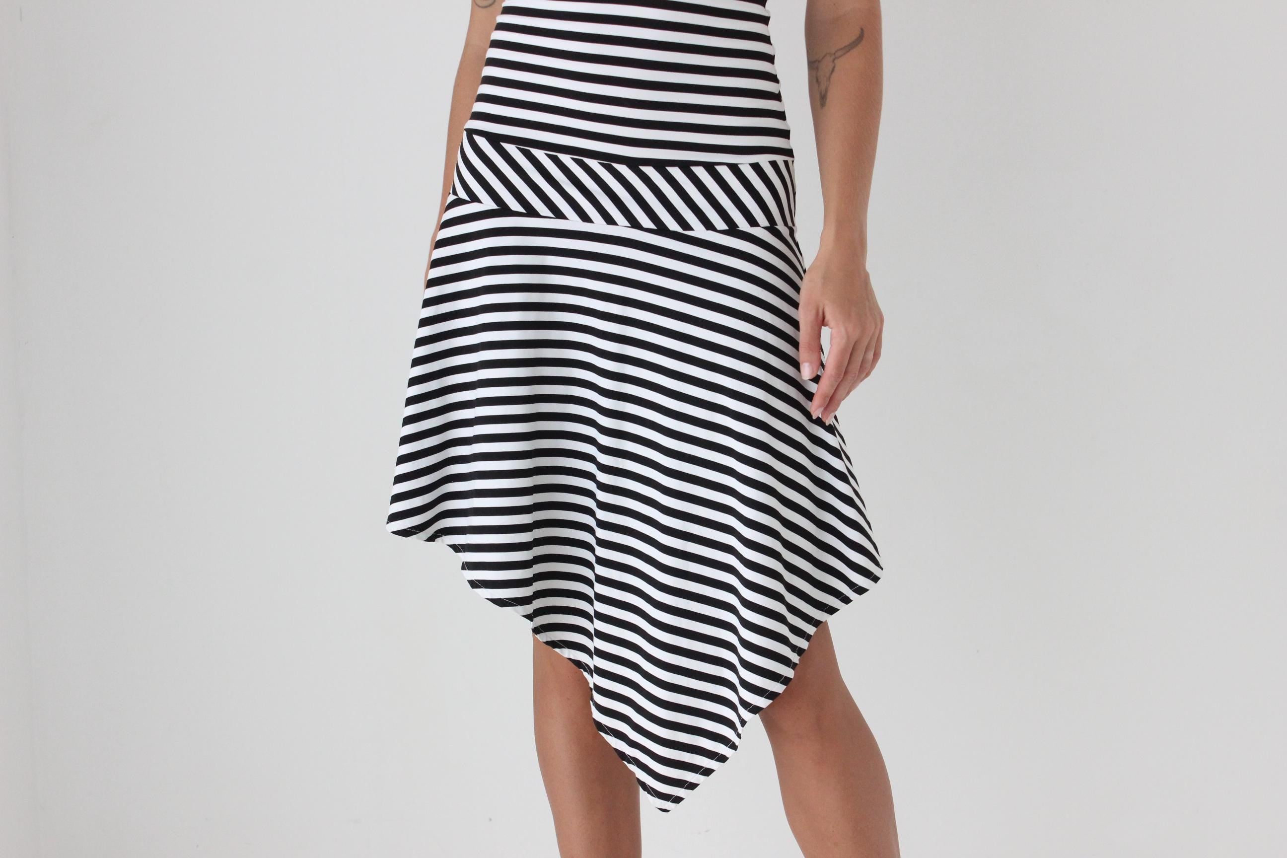 Y2K Stretch Black & White Striped Asymmetric Strappy Dress