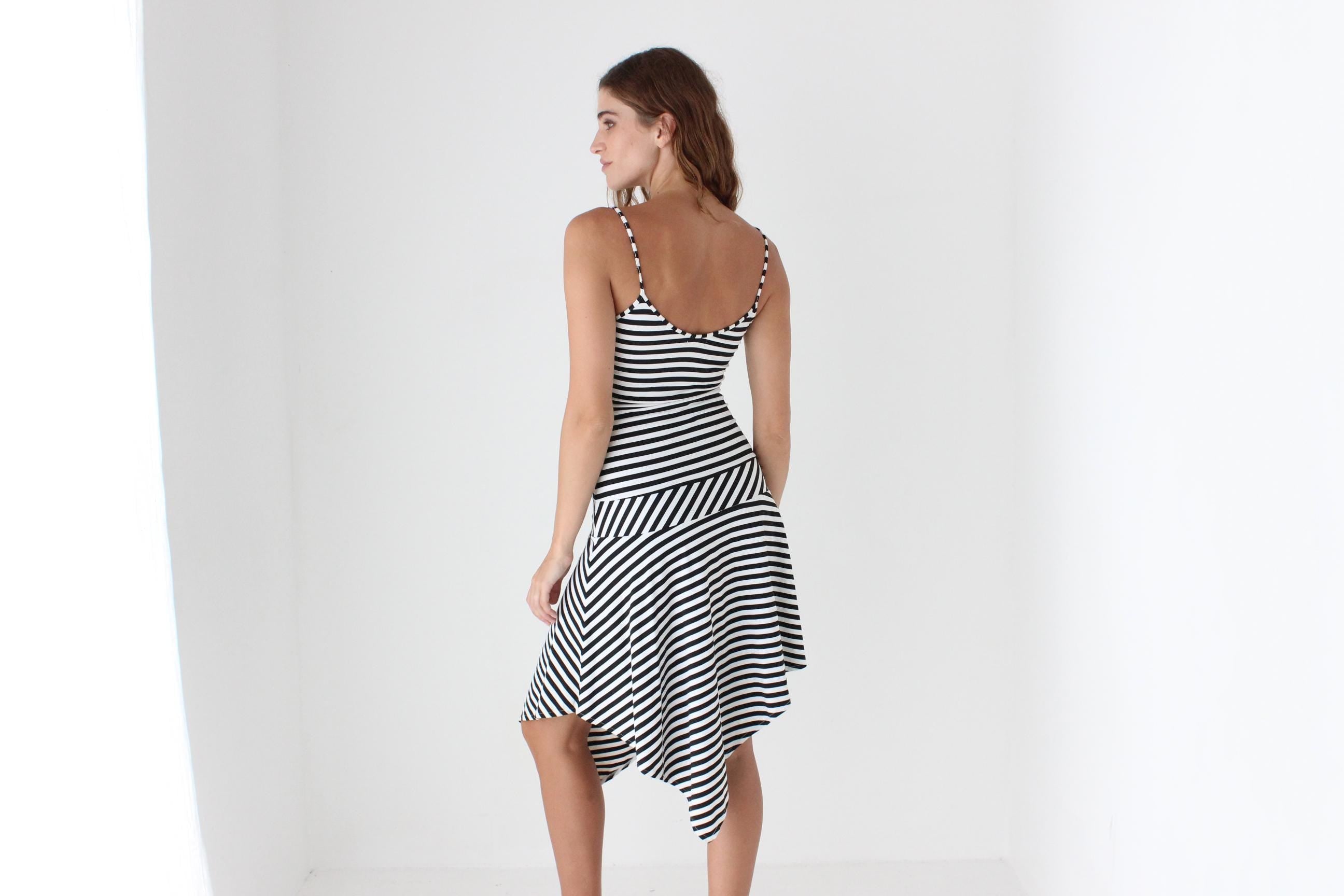 Y2K Stretch Black & White Striped Asymmetric Strappy Dress