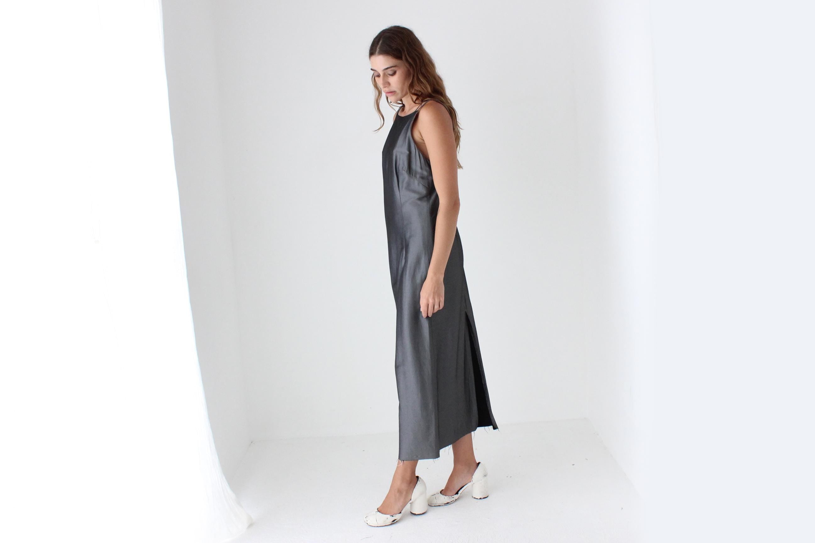 90s Metallic Pewter Square Neck Midi Dress