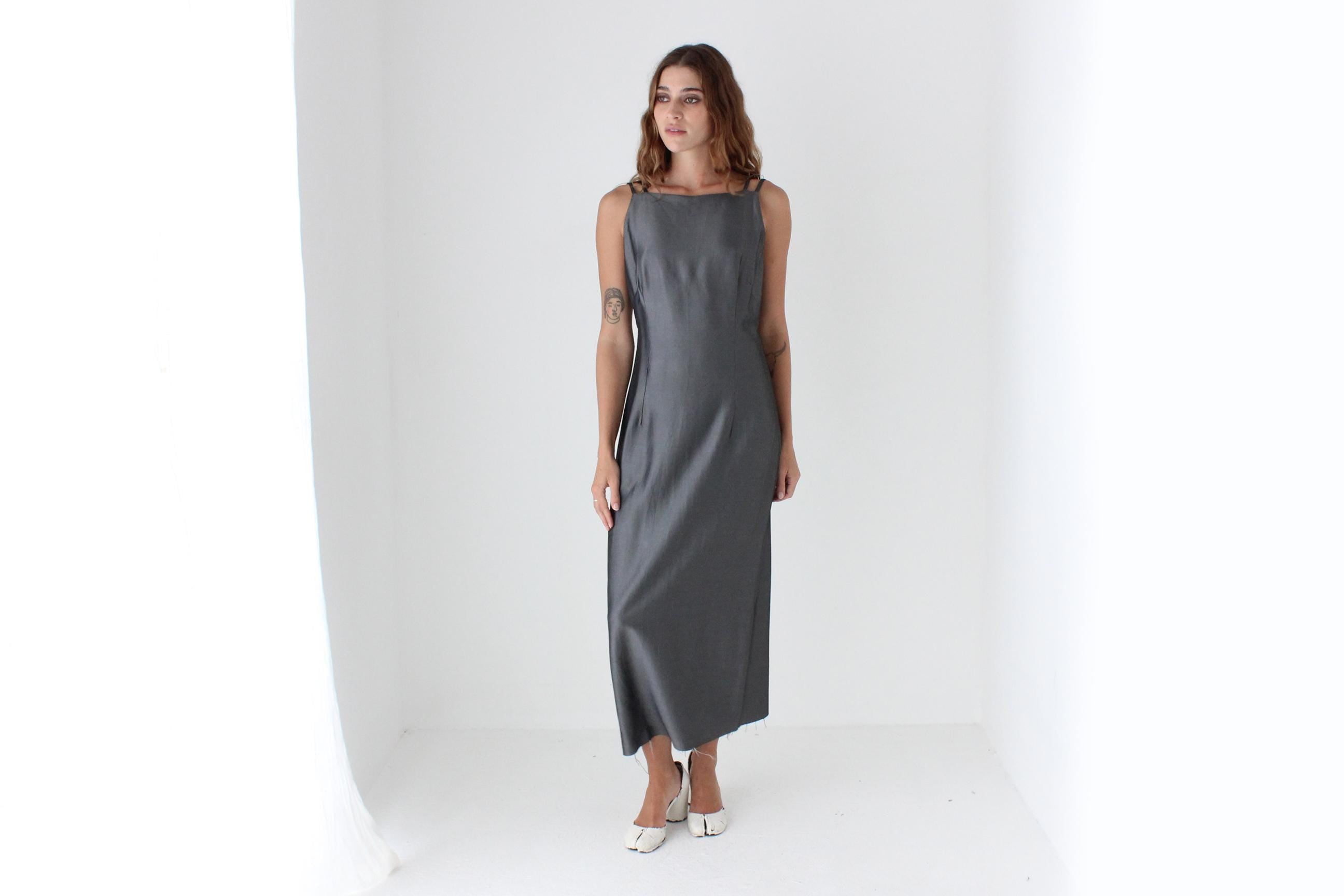 90s Metallic Pewter Square Neck Midi Dress