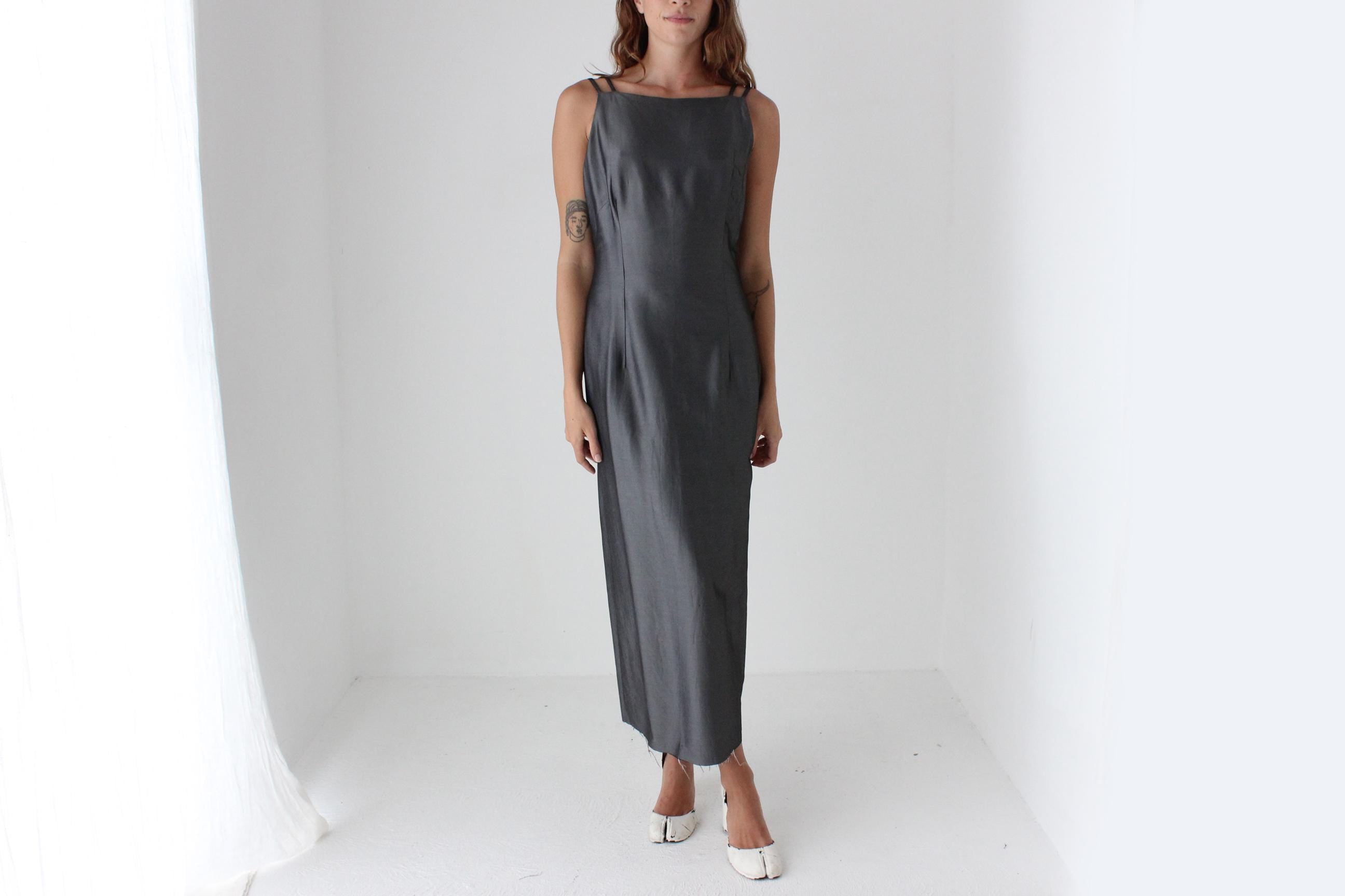90s Metallic Pewter Square Neck Midi Dress