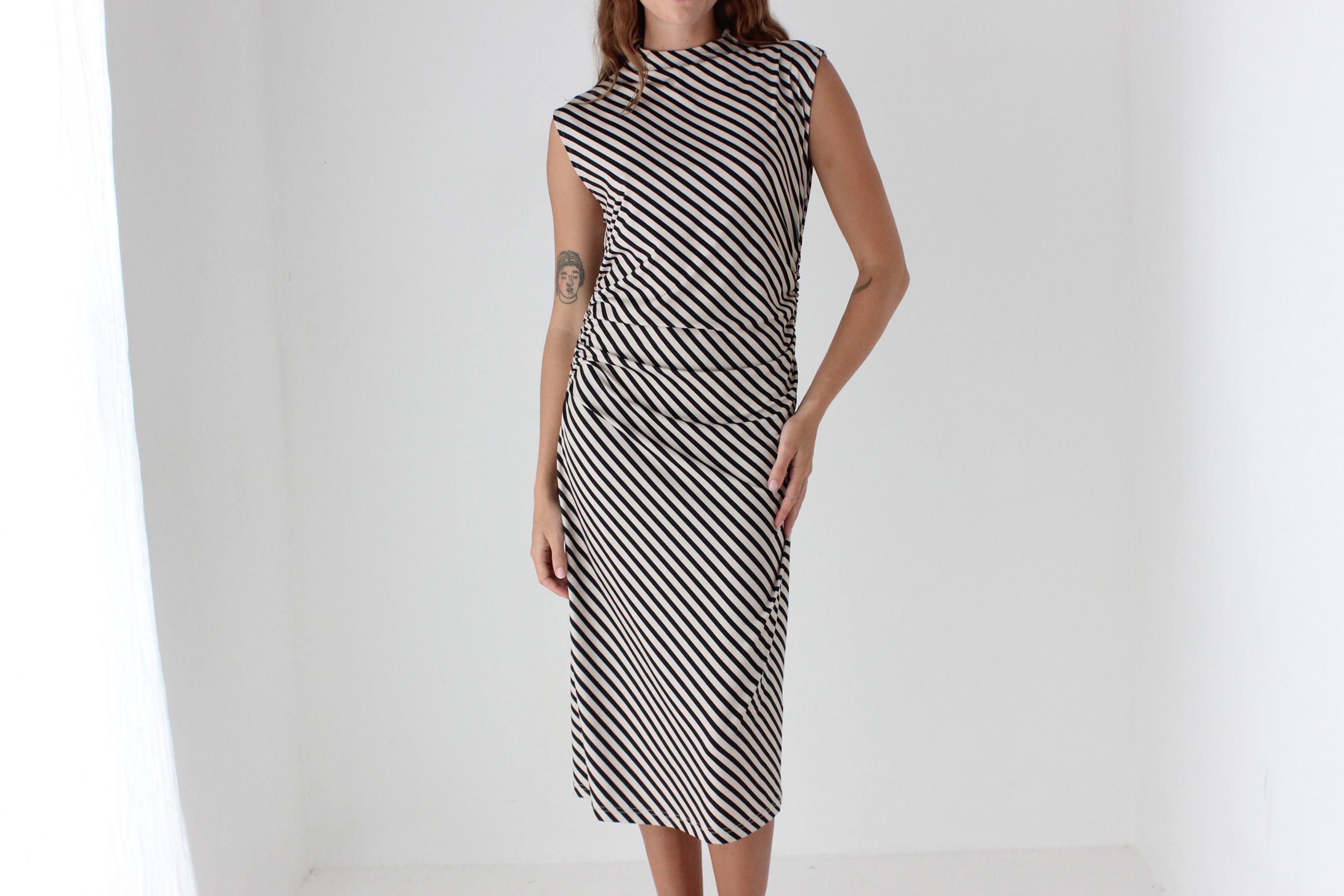 Striped High Neck Stretch Fitted Dress