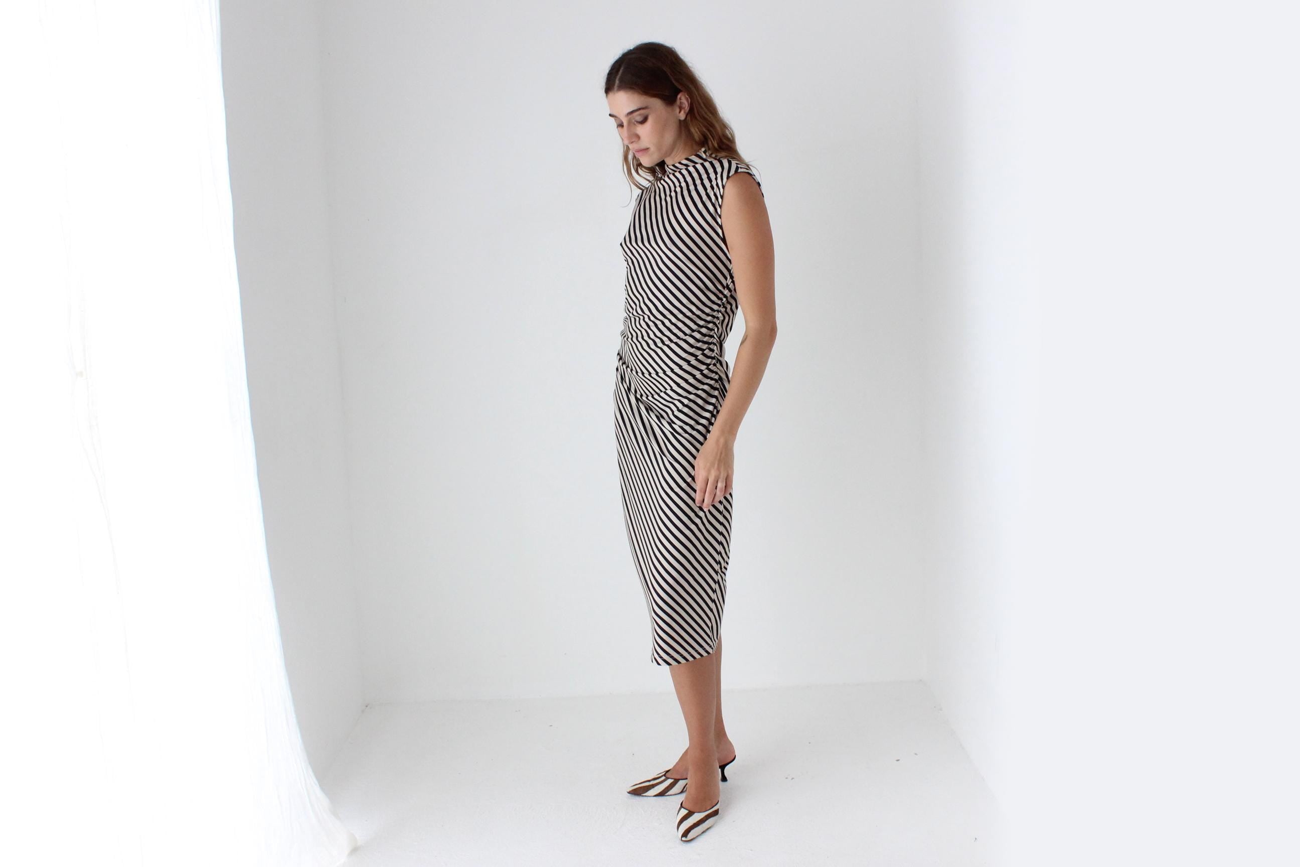 Striped High Neck Stretch Fitted Dress
