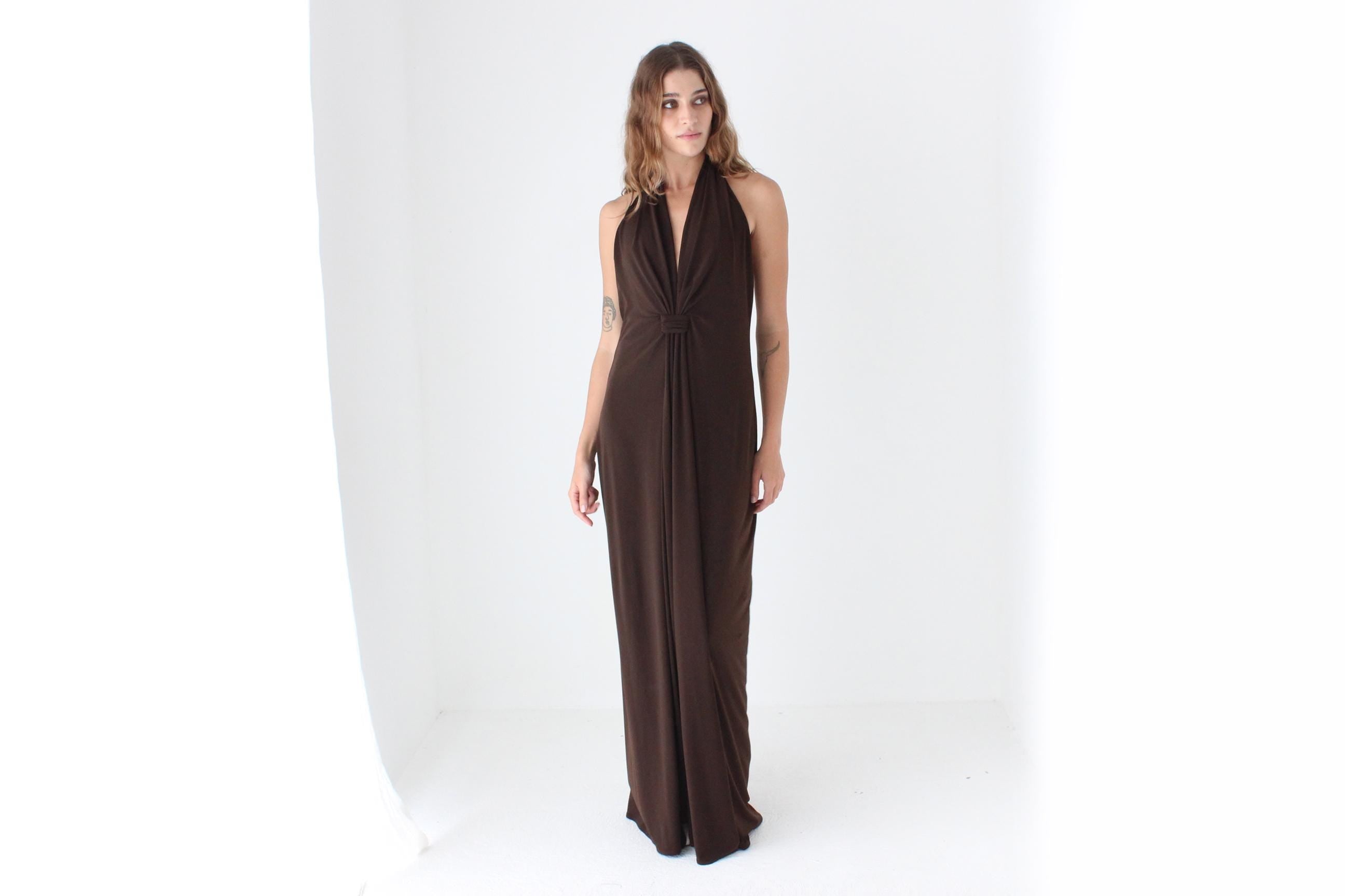 Y2K Slinky Chocolate Jersey Plunge Halter Gown