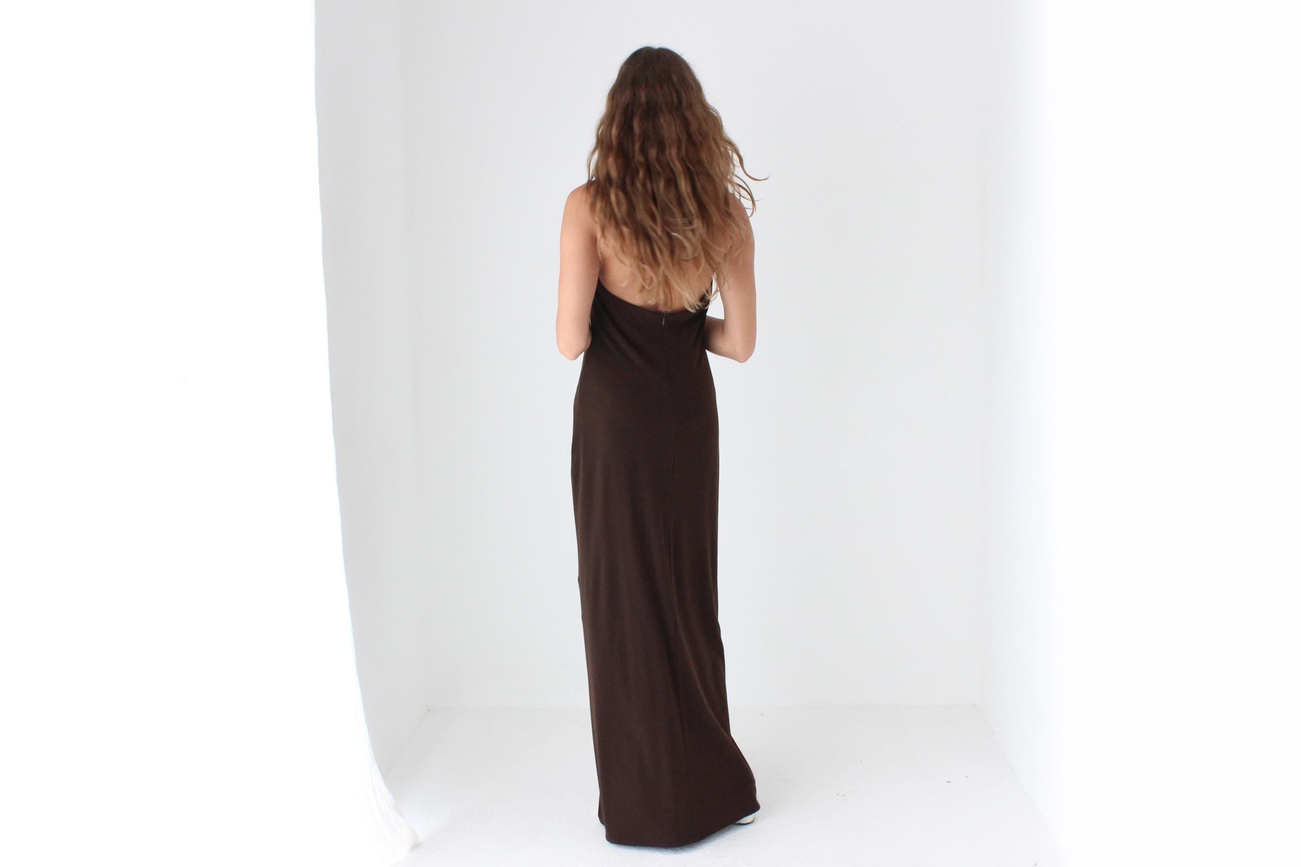 Y2K Slinky Chocolate Jersey Plunge Halter Gown