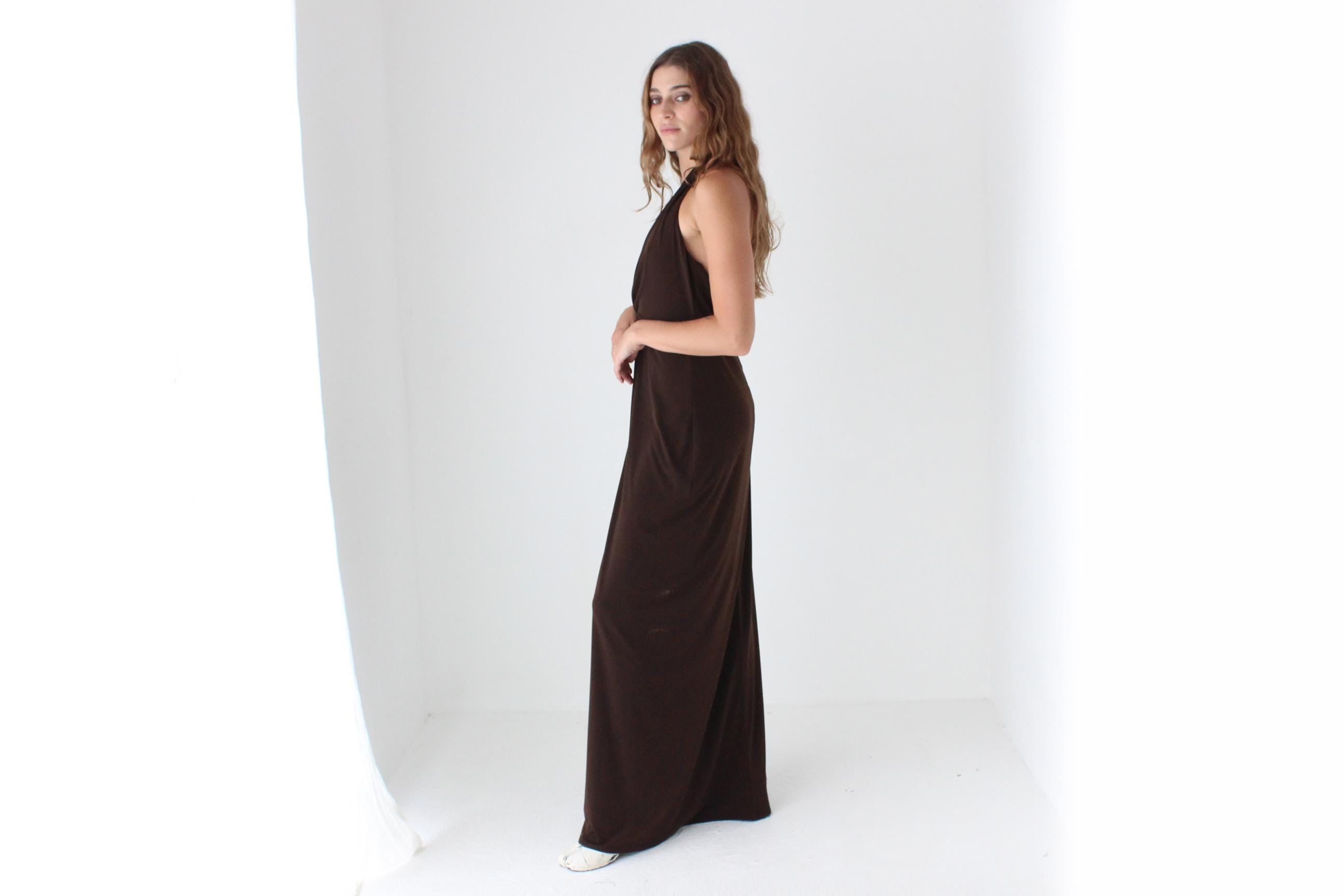 Y2K Slinky Chocolate Jersey Plunge Halter Gown