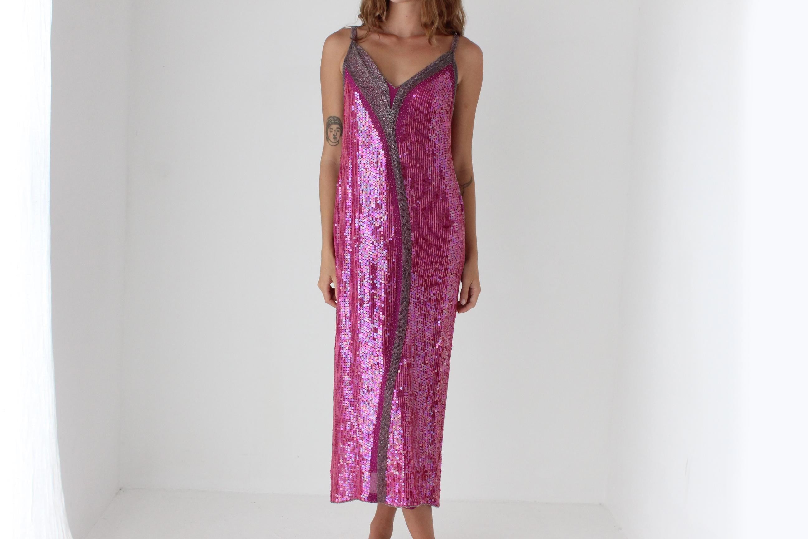 80s Sequin & Glass Beaded Vegas Sheath Dress