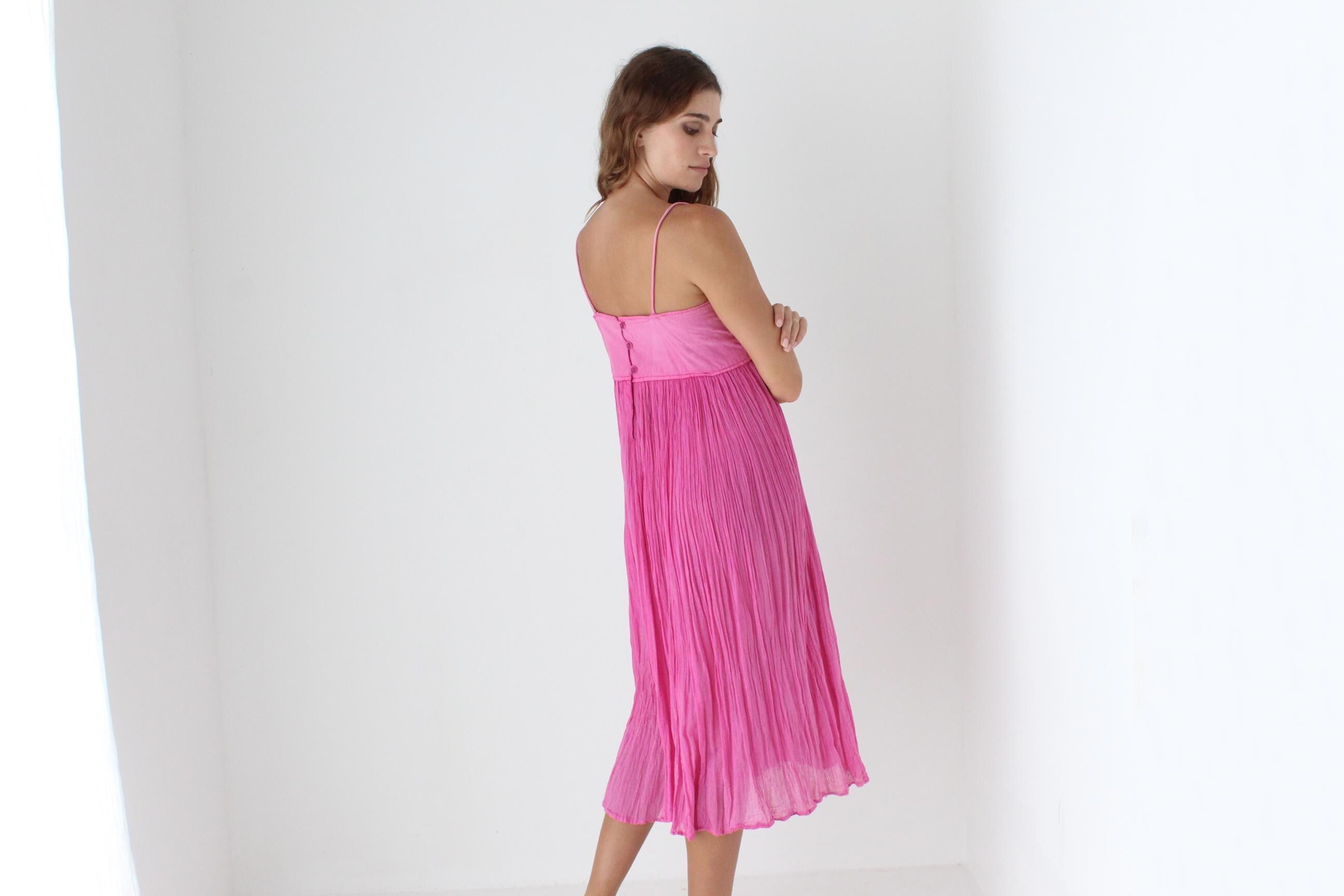 70s Cotton Gauze Goddess Dress w/ Mirror Embroidery