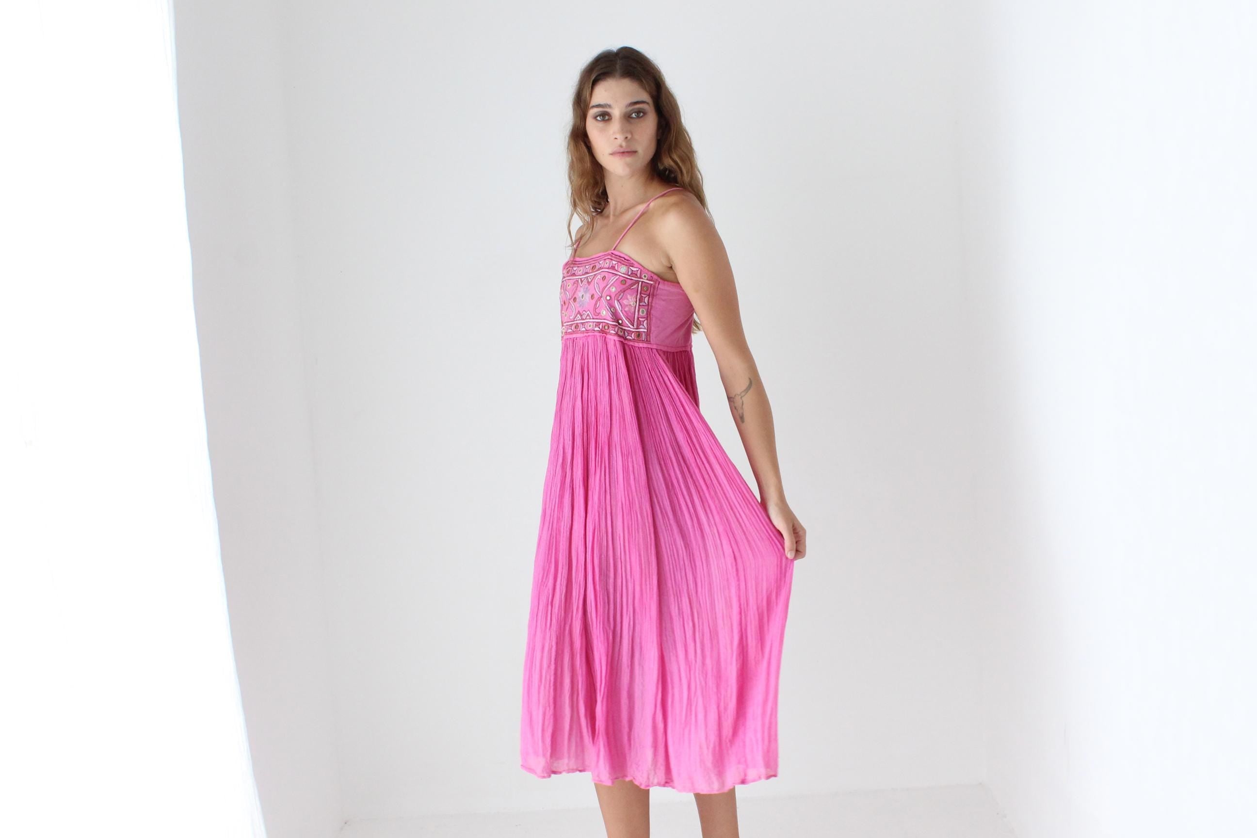 70s Cotton Gauze Goddess Dress w/ Mirror Embroidery