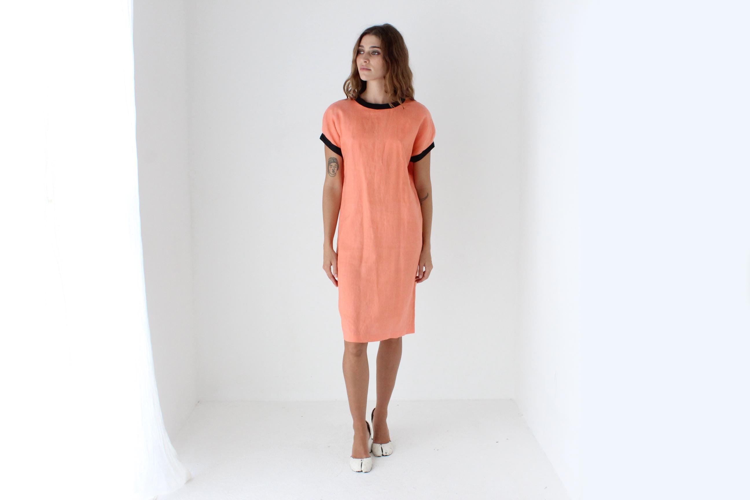 Funky 80s Neon Orange Linen Sheath Dress
