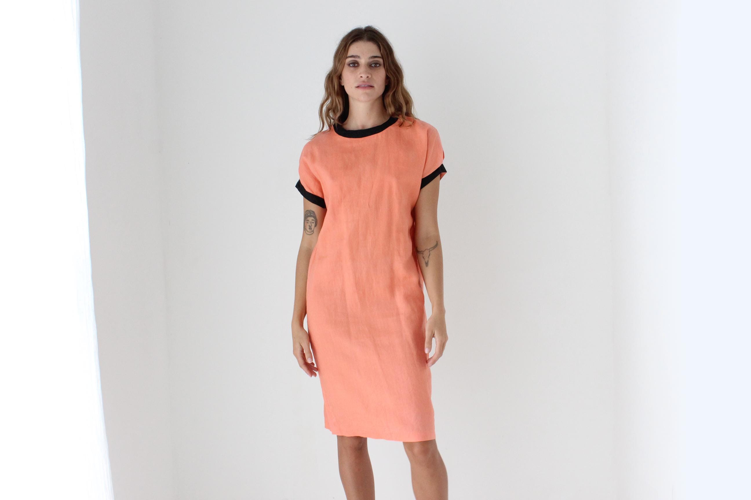 Funky 80s Neon Orange Linen Sheath Dress