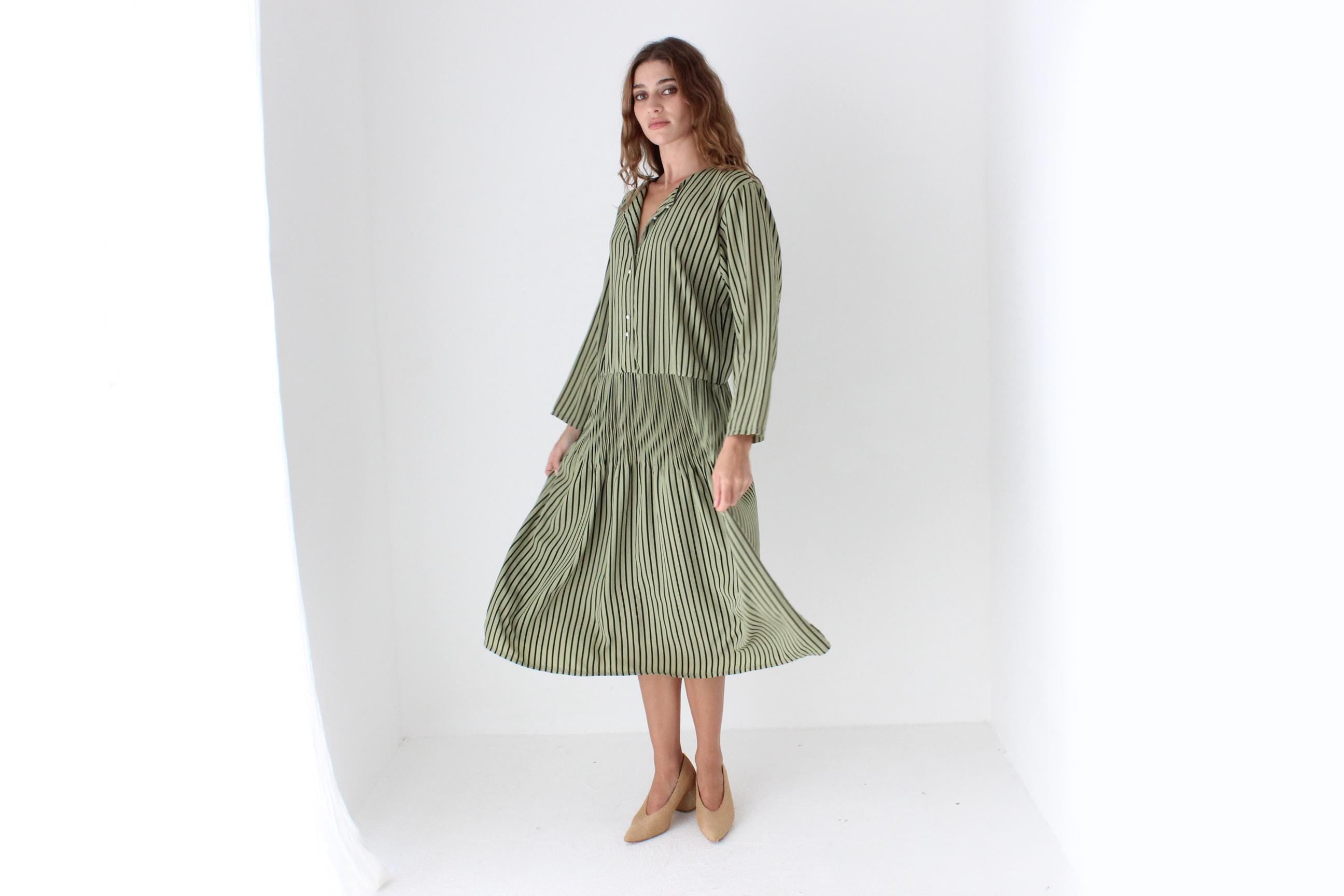 80s Australian Vintage Relaxed Striped Drop Waist Dress