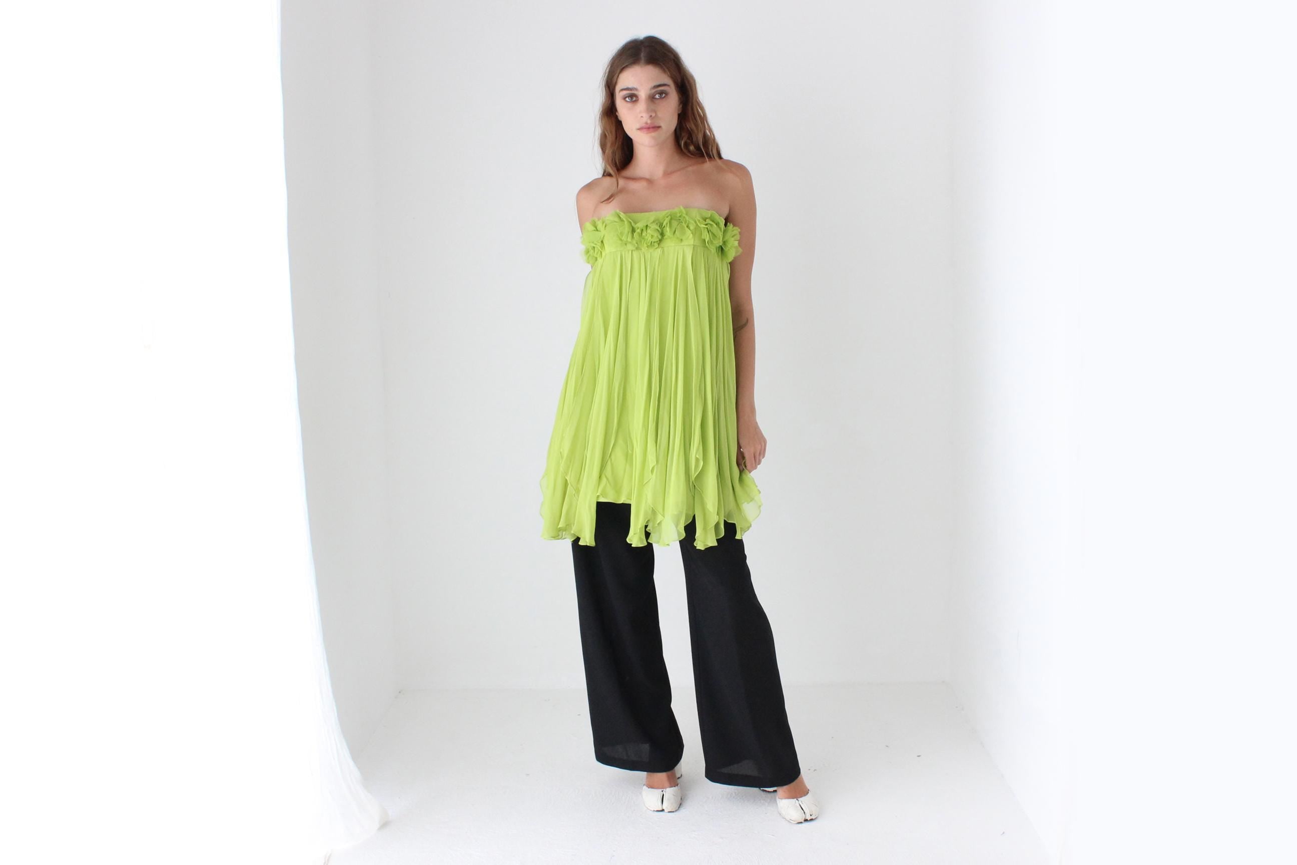 Y2K Strapless Silk Mini w/ Rosettes & Panel Skirt