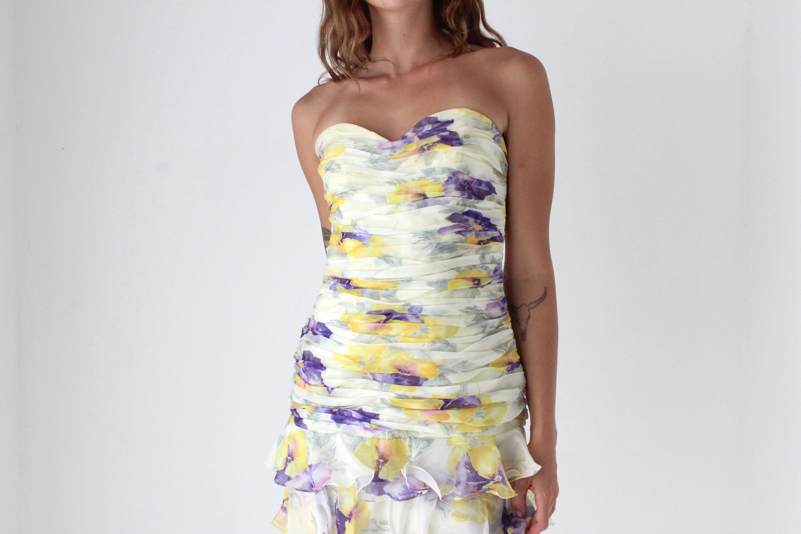80s Pastel Floral Silk Organza Ruffle Mini