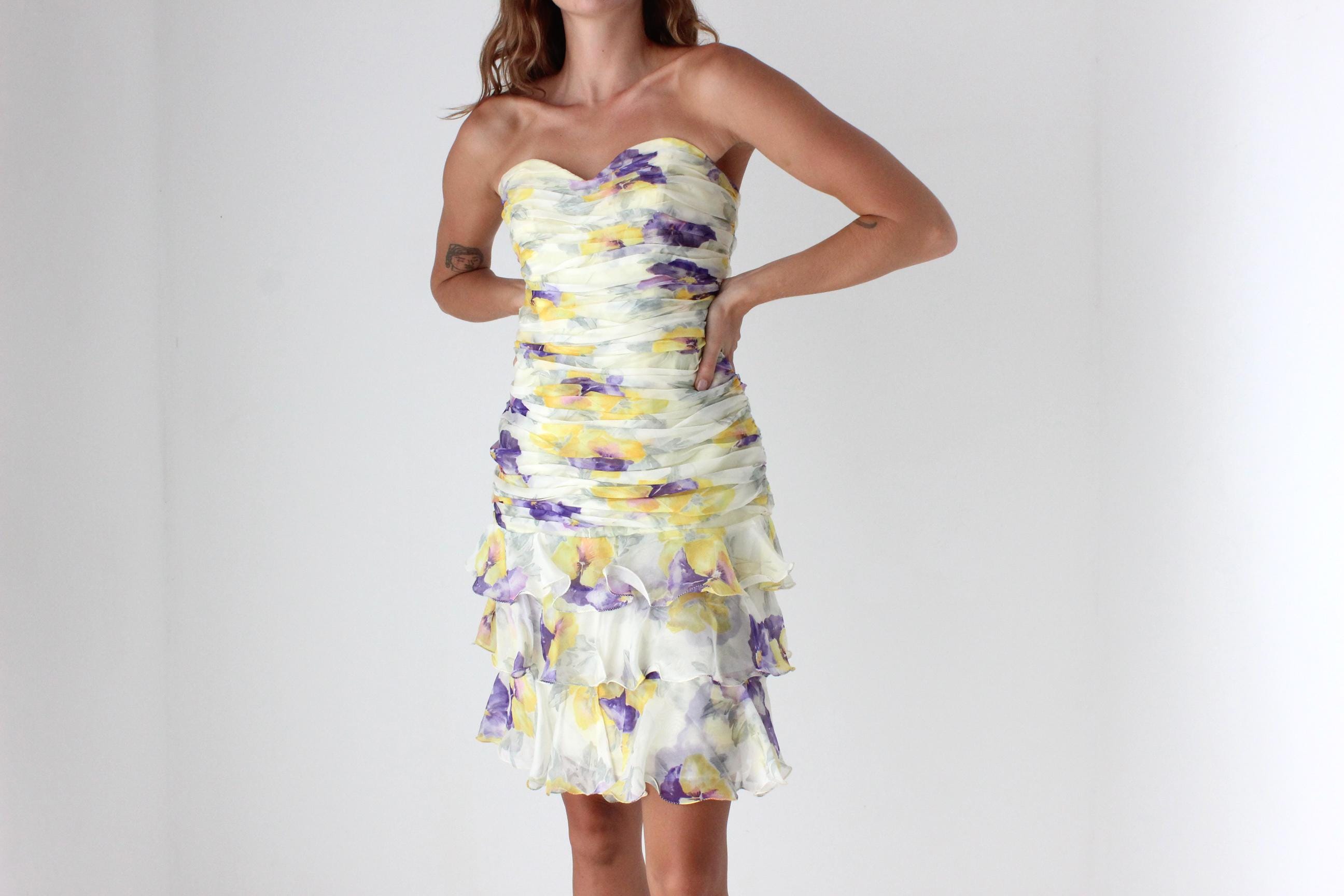 80s Pastel Floral Silk Organza Ruffle Mini
