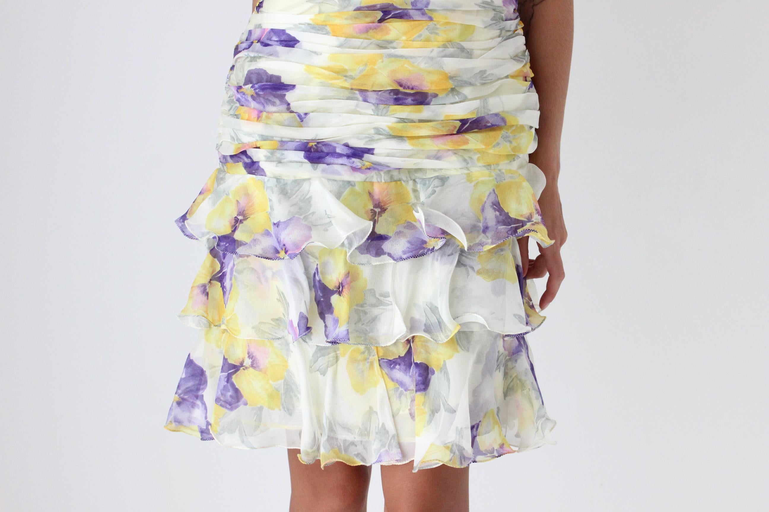 80s Pastel Floral Silk Organza Ruffle Mini