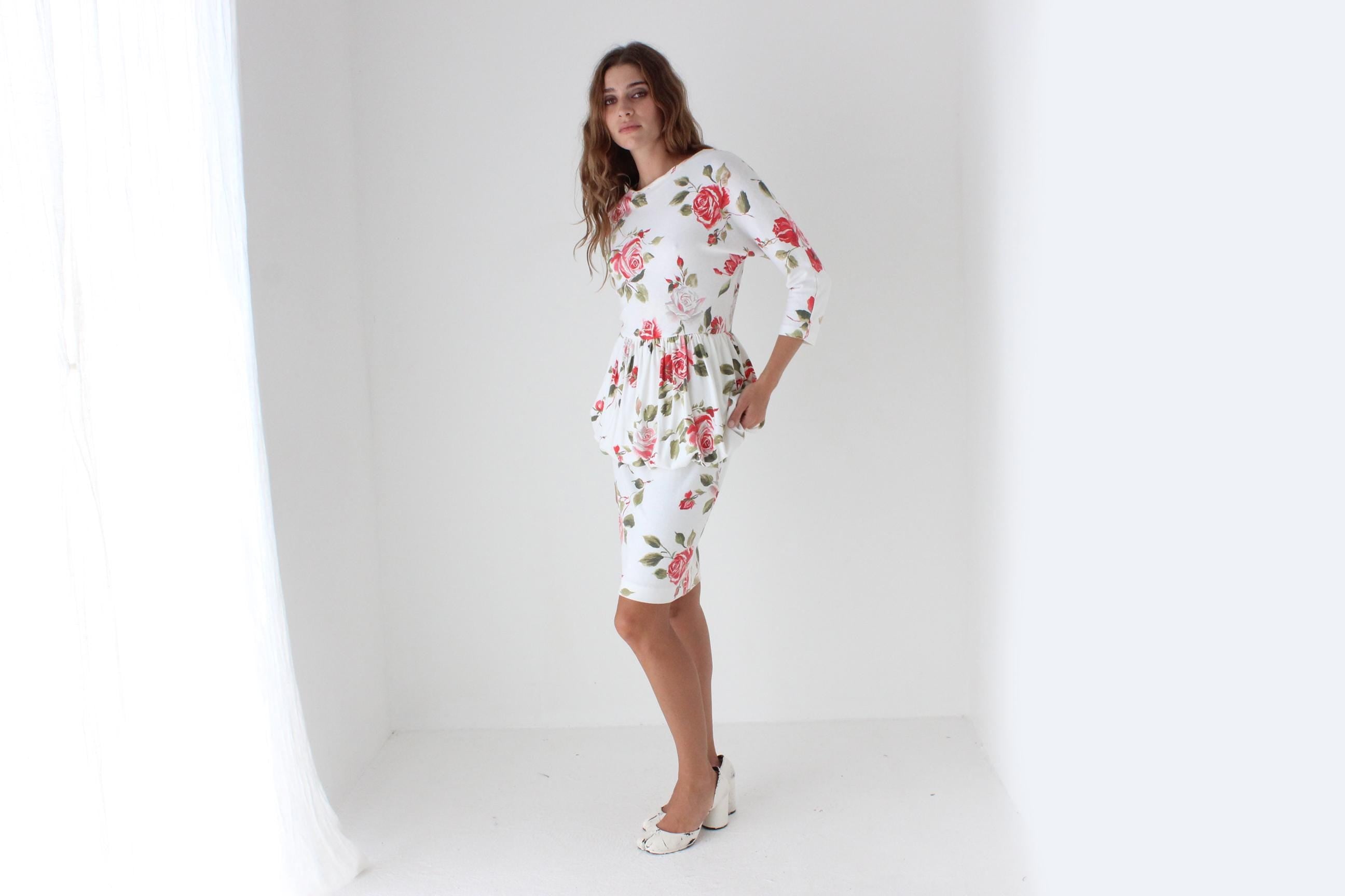 80s Rose Print Bubble Peplum Dress