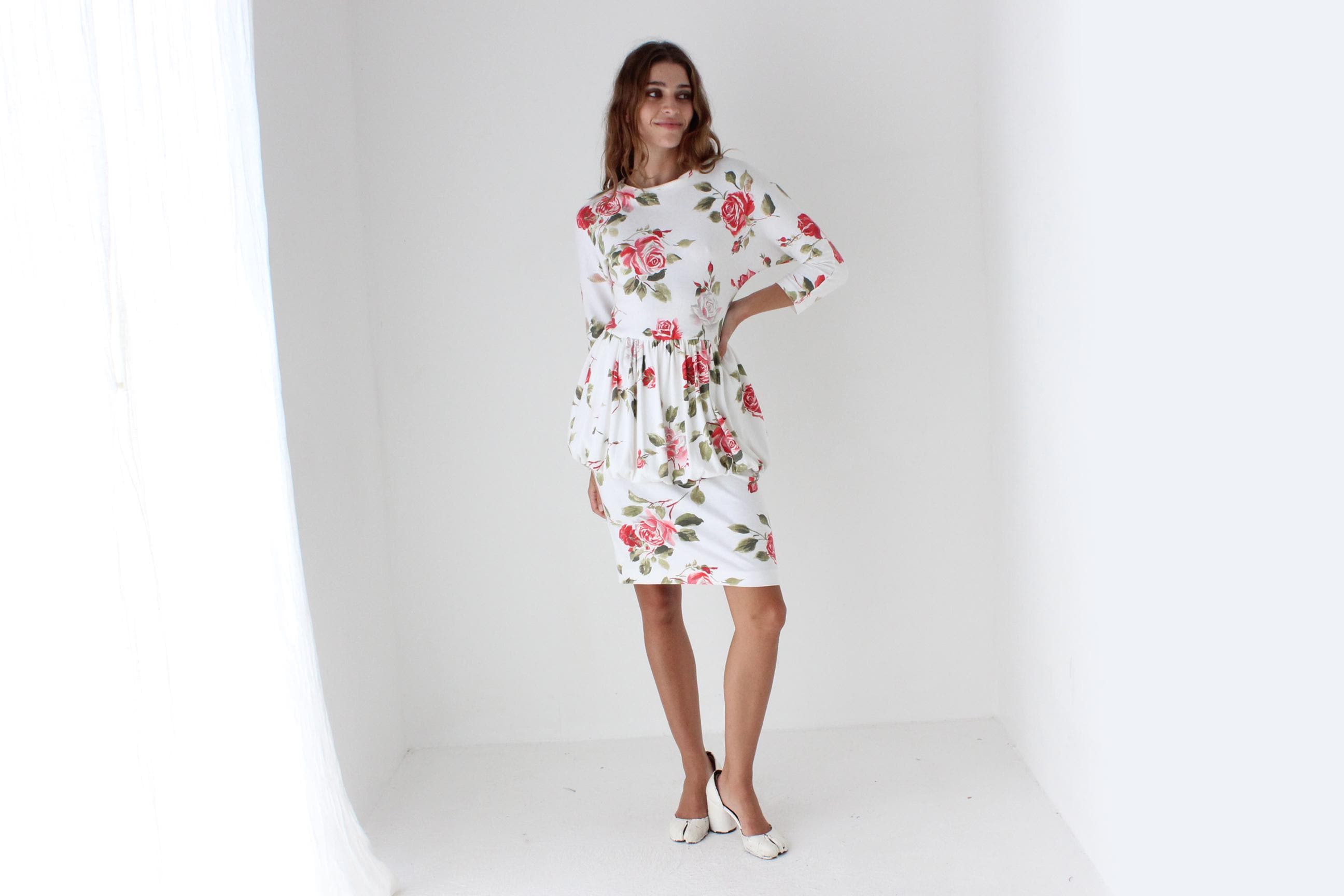 80s Rose Print Bubble Peplum Dress