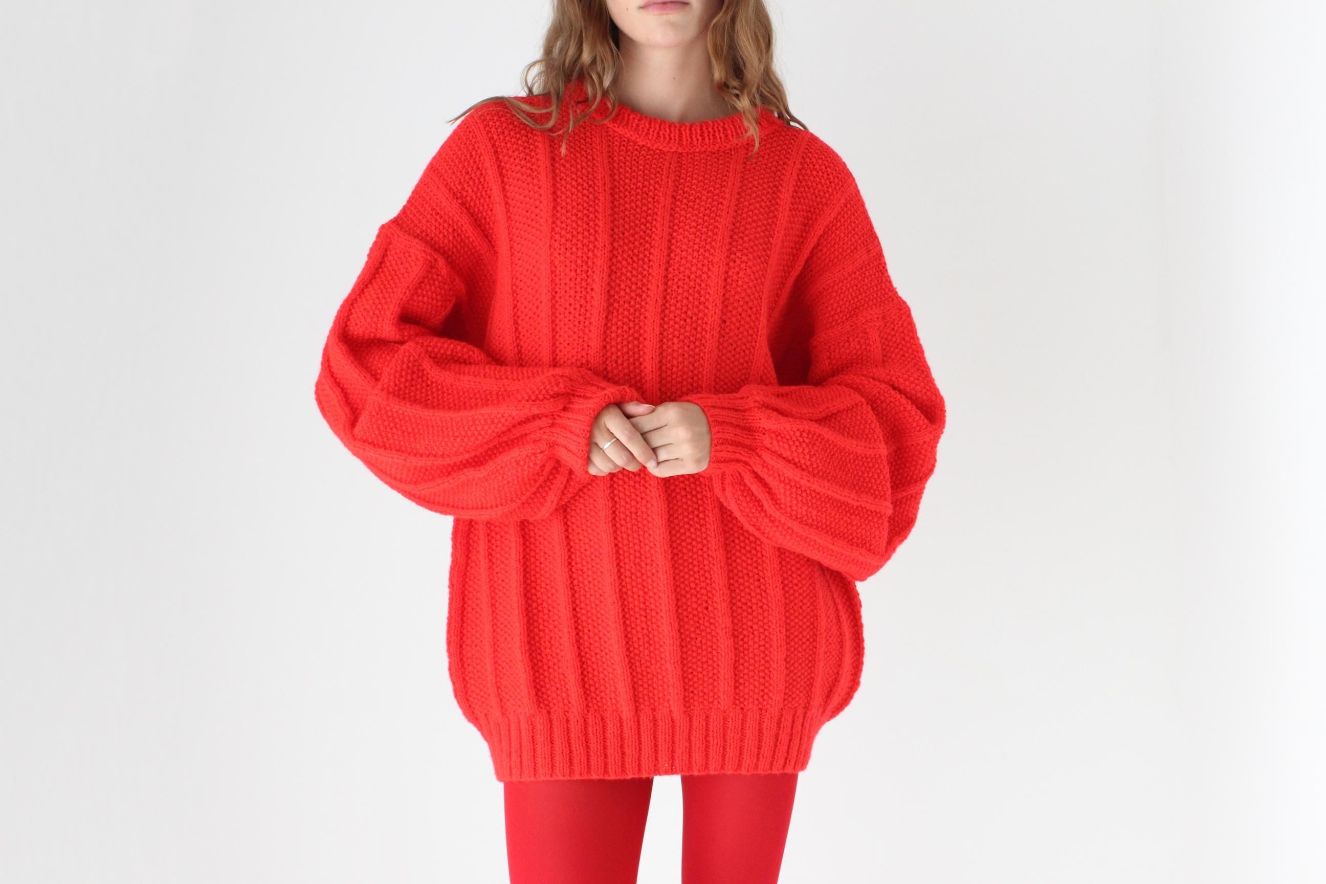 80s Vibrant Red Hand Knit Bubble Sleeve Sweater